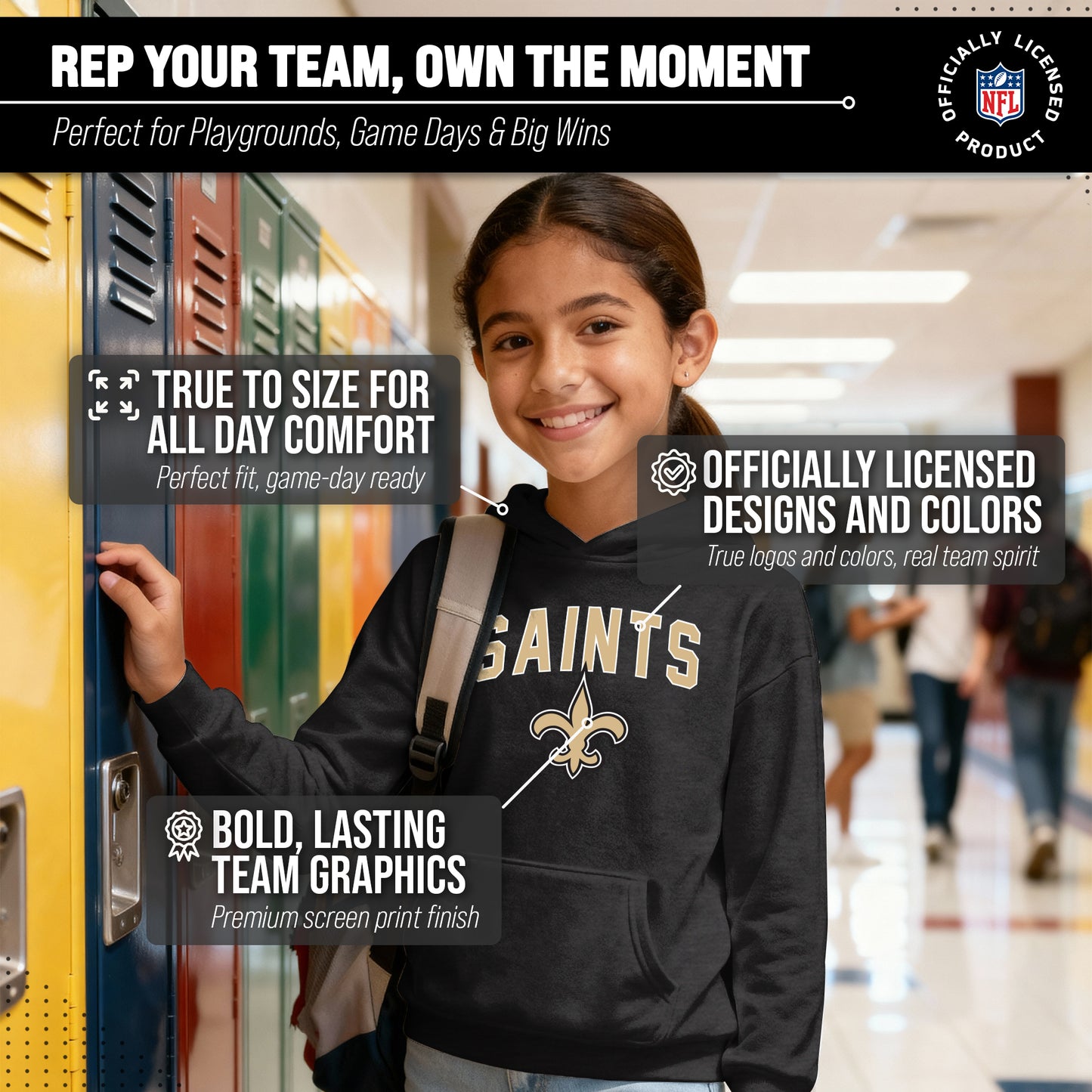 New Orleans Saints NFL Youth Home Team Hoodie- Kids Hooded Sweatshirt - Black