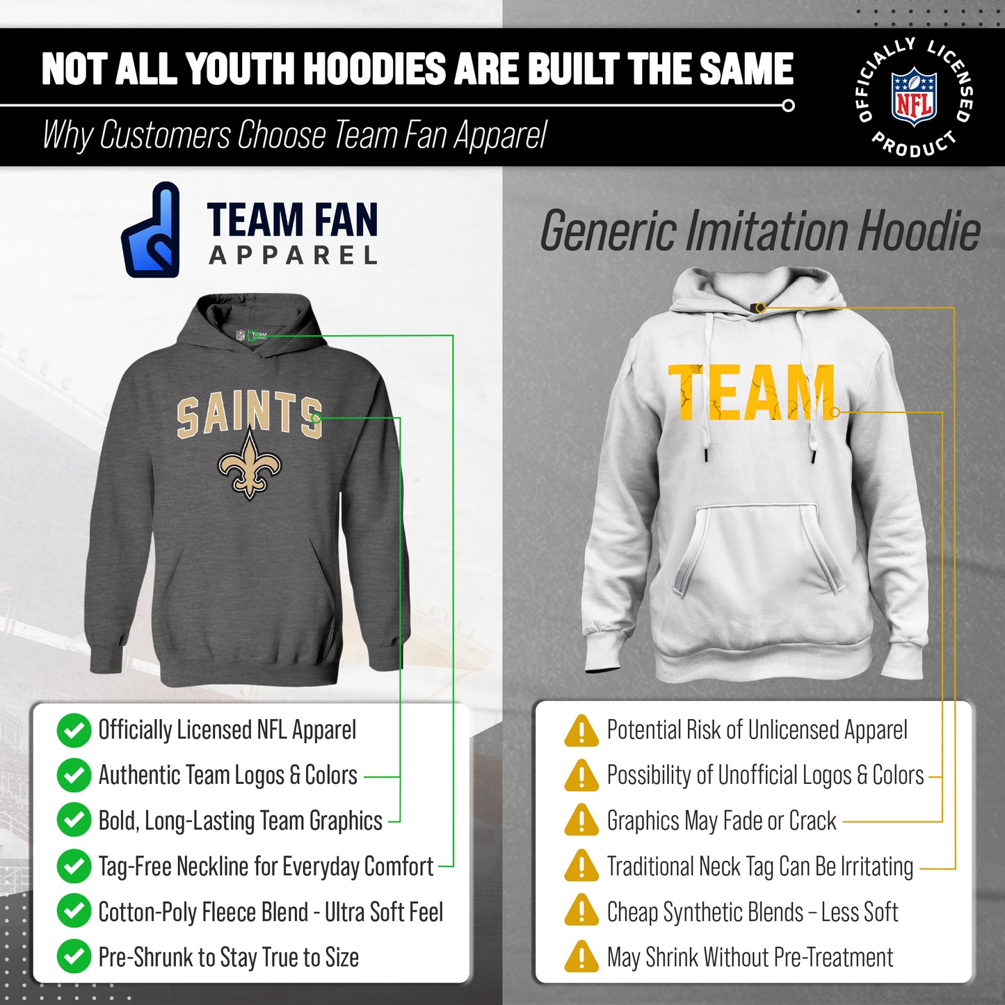 New Orleans Saints NFL Youth Home Team Hoodie- Kids Hooded Sweatshirt - Sport Gray