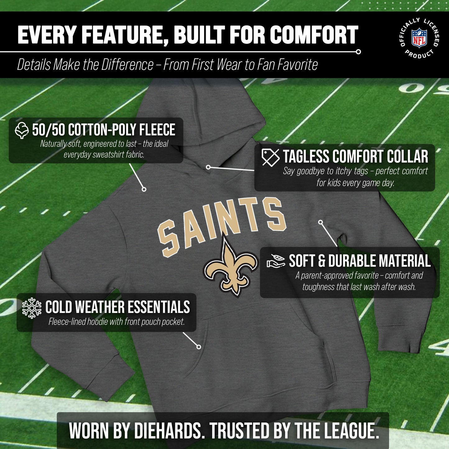 New Orleans Saints NFL Youth Home Team Hoodie- Kids Hooded Sweatshirt - Sport Gray