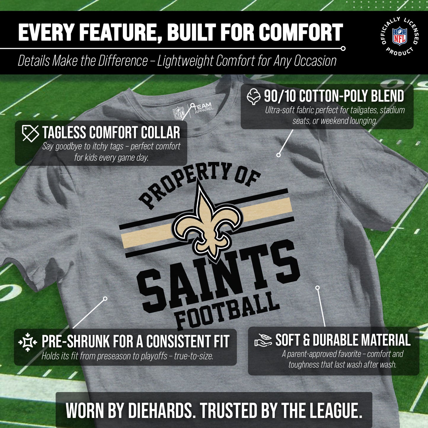 New Orleans Saints NFL Youth Property Of Short Sleeve Lightweight T Shirt - Sport Gray