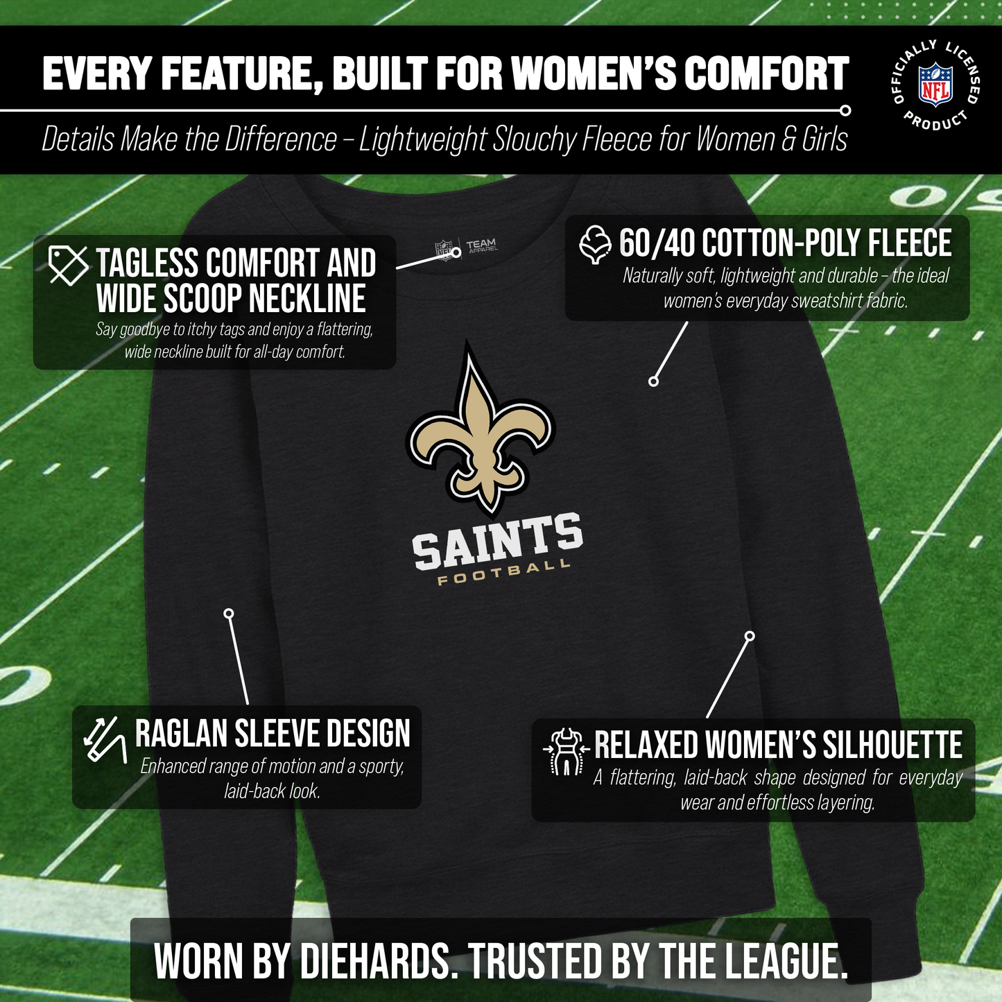 New Orleans Saints NFL Womens Ultimate Fan French Terry Slouchy Top- Raglan Sleeves - Charcoal