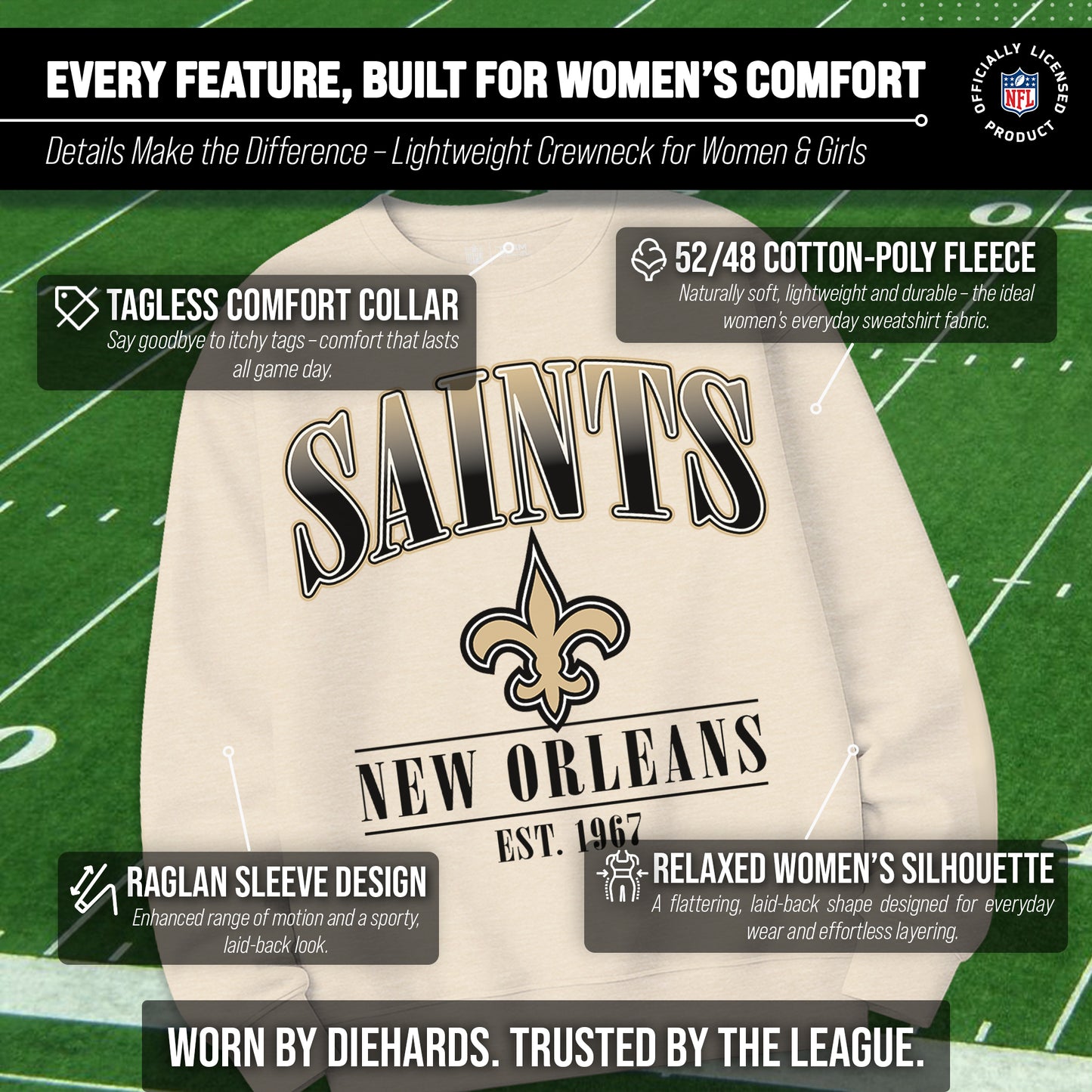 New Orleans Saints Womens NFL Starstruck Crewneck Pullover - Cream