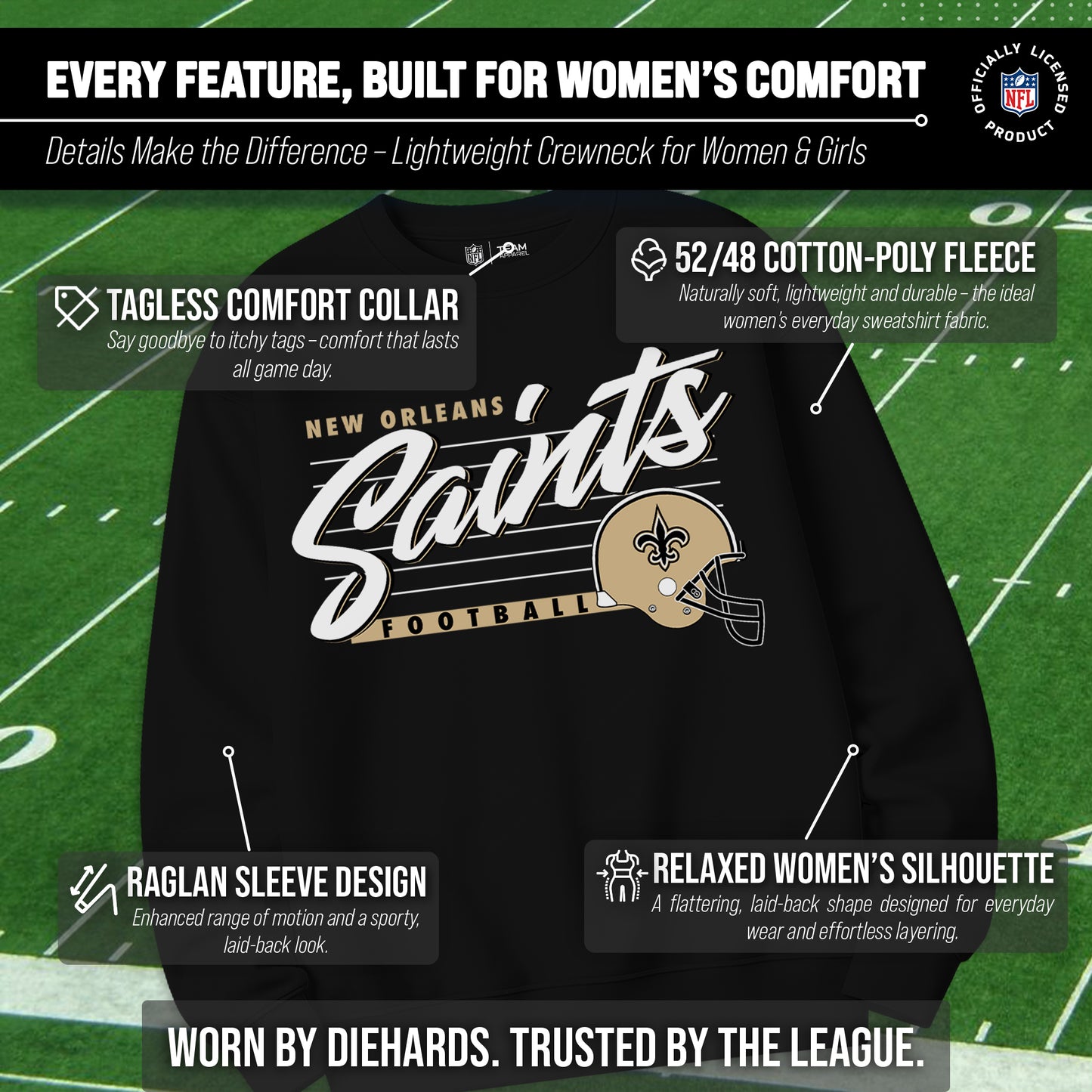 New Orleans Saints Womens NFL Scrimmage Line Crewneck Pullover - Black