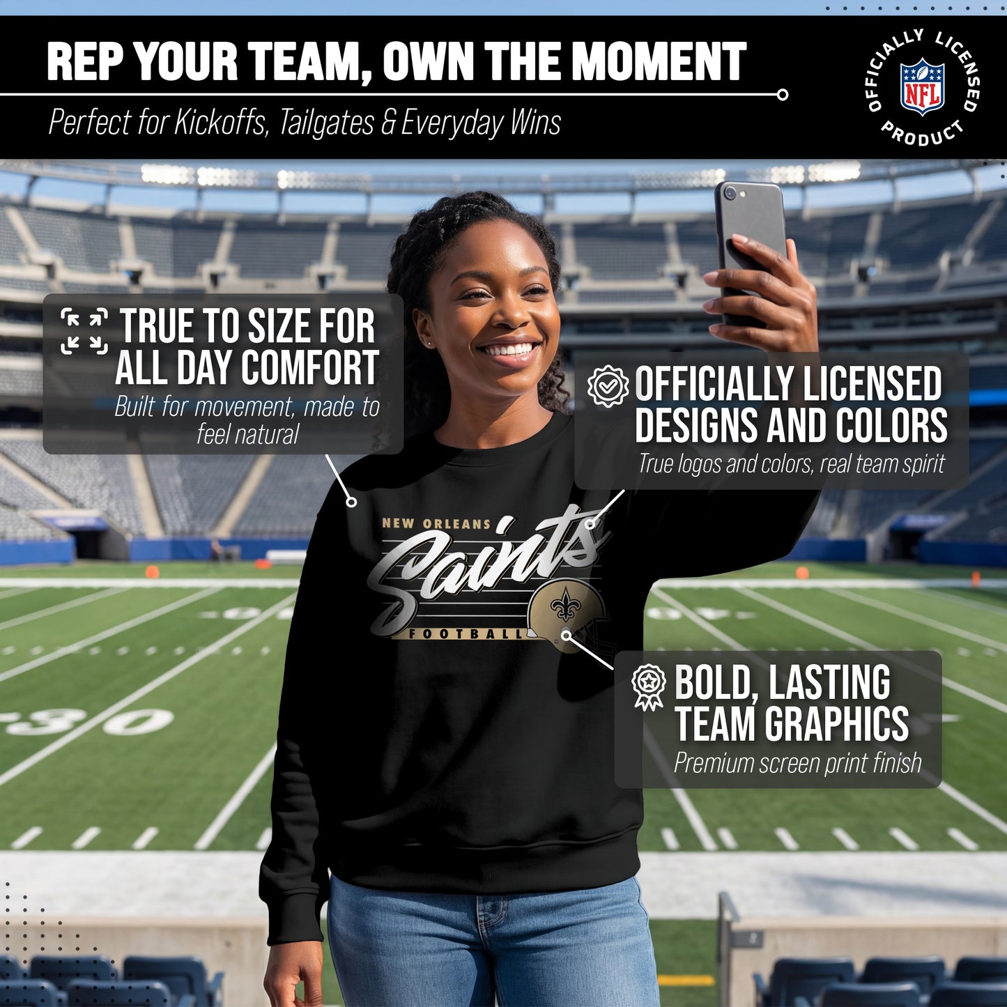 New Orleans Saints Womens NFL Scrimmage Line Crewneck Pullover - Black