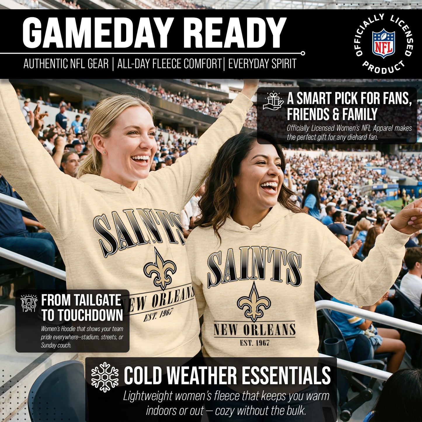 New Orleans Saints Team Fan Apparel NFL Women's  Starstruck Fleece Pullover Hoodie - Cream