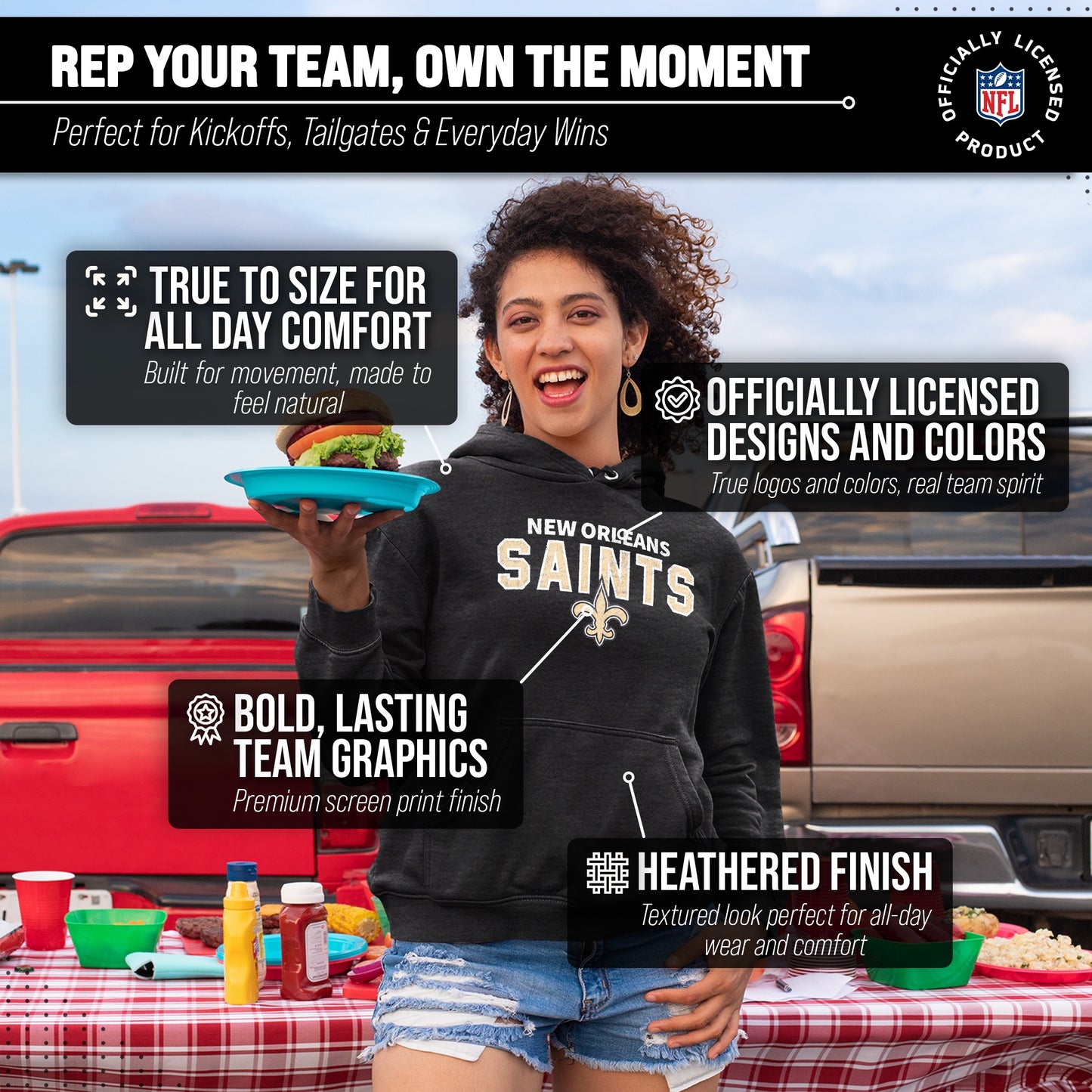 New Orleans Saints NFL Adult Unisex Starting Fresh Ultra Soft Fleece Hooded Sweatshirt - Black Heather