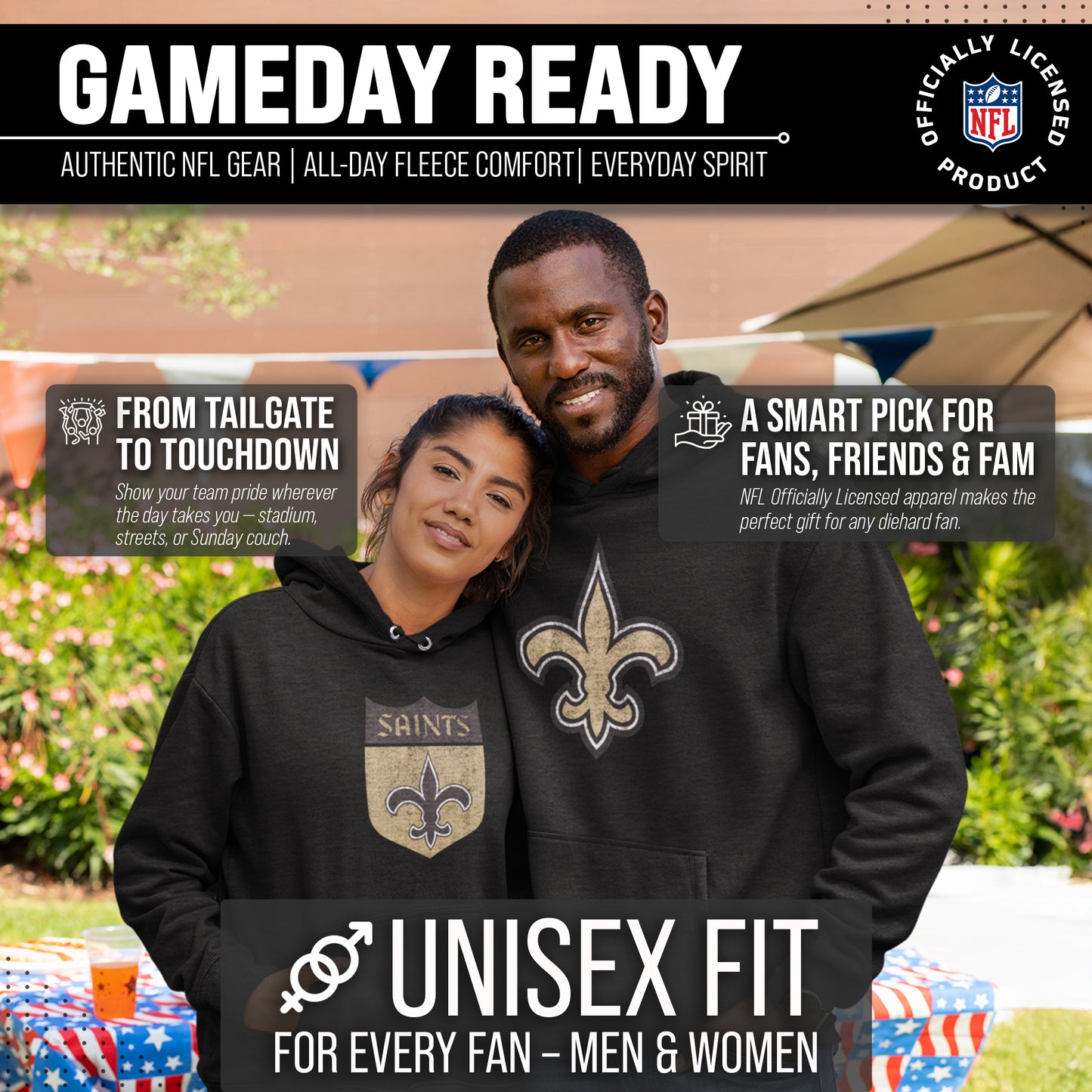 New Orleans Saints NFL Adult Unisex Modern Throwback Ultra Soft Fleece Hooded Sweatshirt - Black Heather