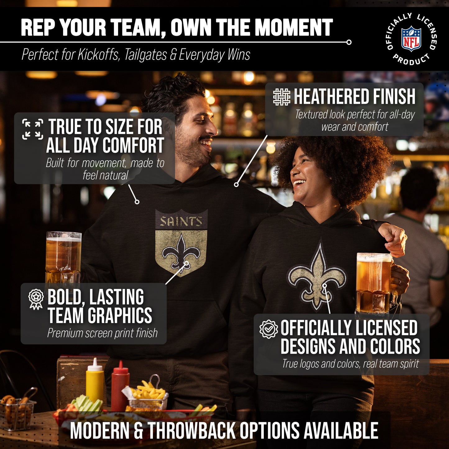 New Orleans Saints NFL Adult Unisex Modern Throwback Ultra Soft Fleece Hooded Sweatshirt - Black Heather