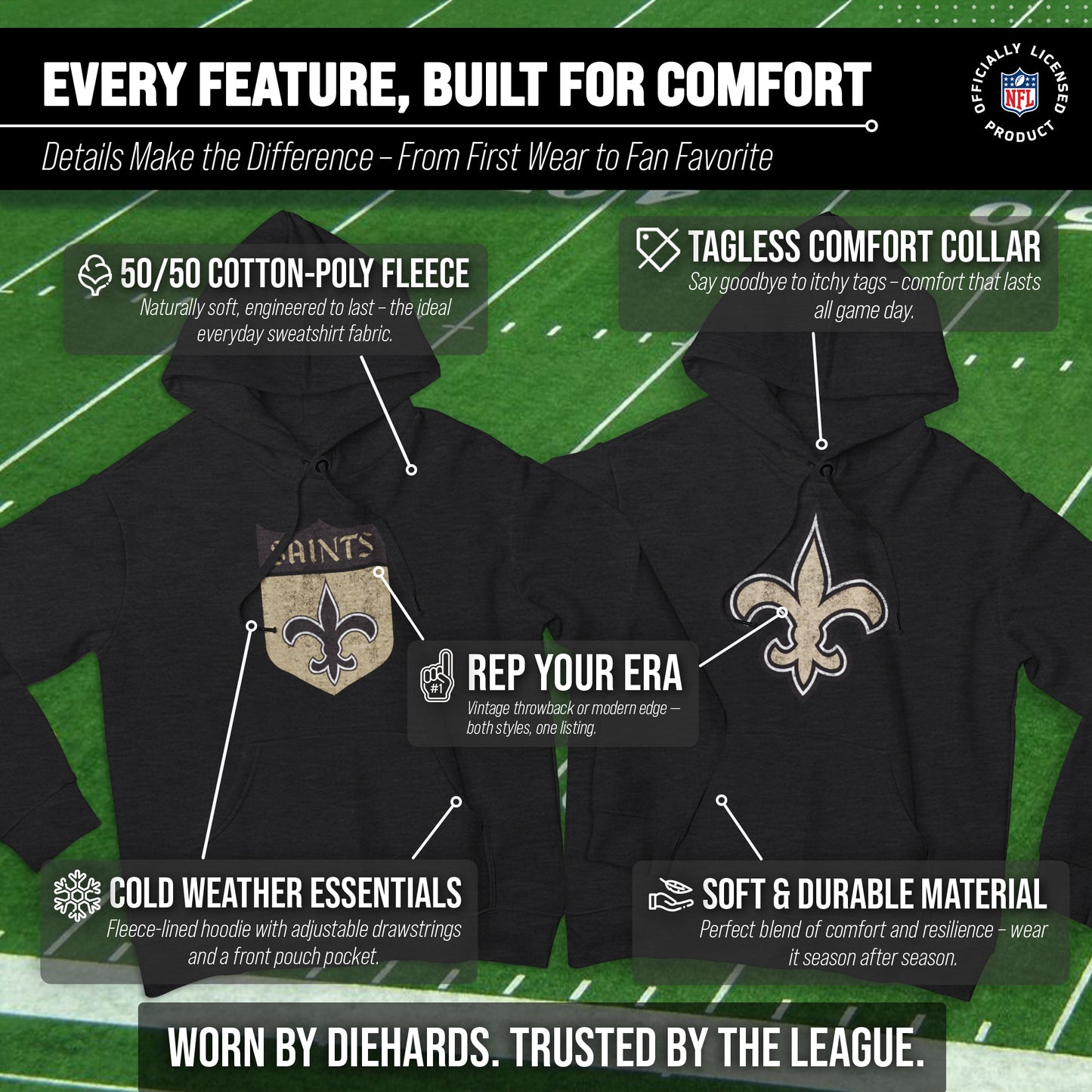 New Orleans Saints NFL Adult Unisex Modern Throwback Ultra Soft Fleece Hooded Sweatshirt - Black