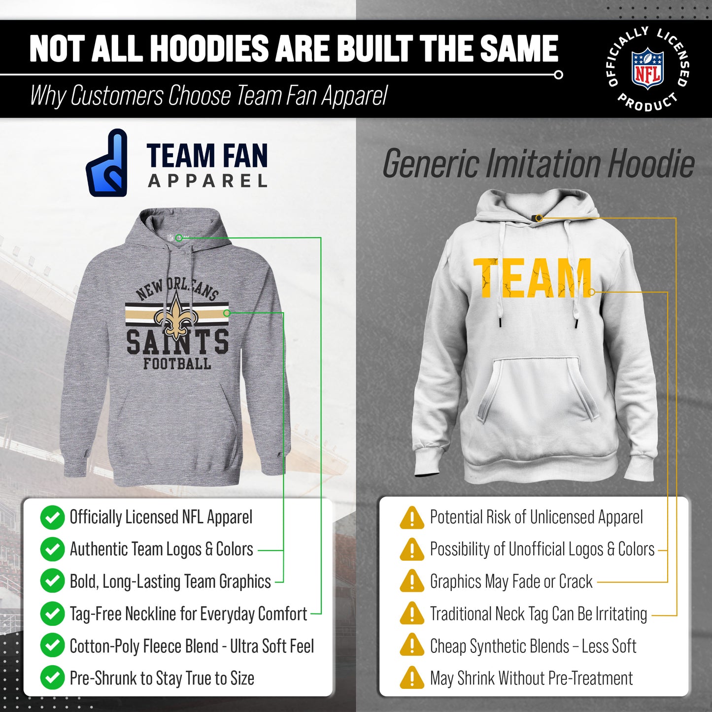 New Orleans Saints NFL Team Stripe Hooded Sweatshirt- Soft Pullover Sports Hoodie For Men & Women - Sport Gray