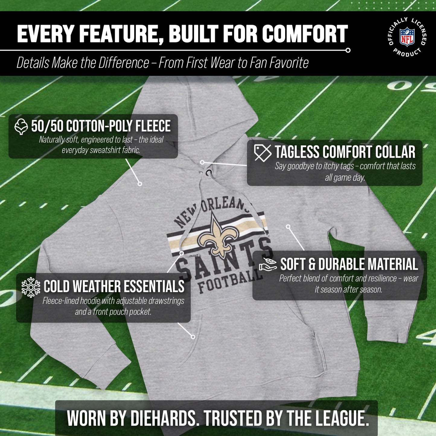 New Orleans Saints NFL Team Stripe Hooded Sweatshirt- Soft Pullover Sports Hoodie For Men & Women - Sport Gray