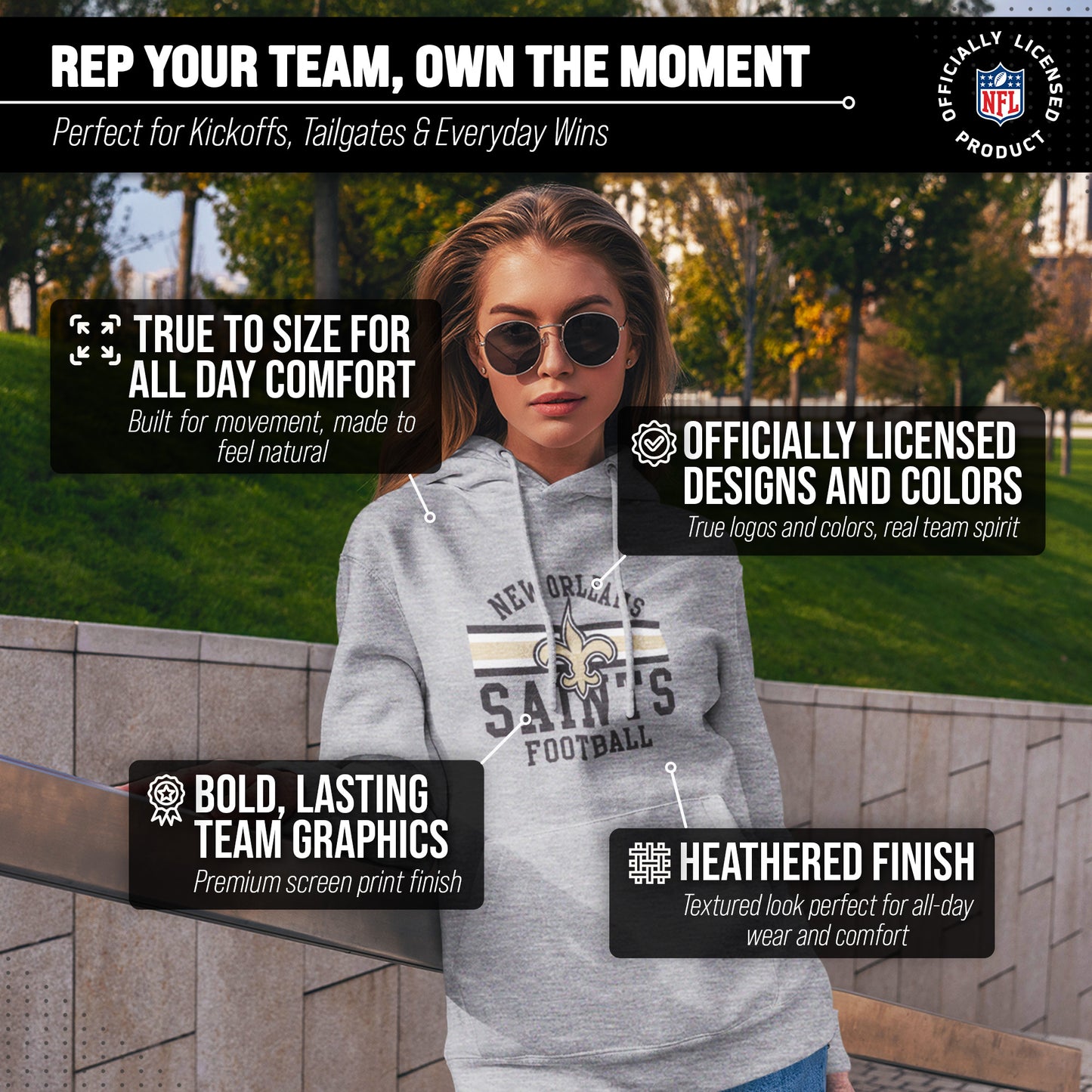 New Orleans Saints NFL Team Stripe Hooded Sweatshirt- Soft Pullover Sports Hoodie For Men & Women - Sport Gray