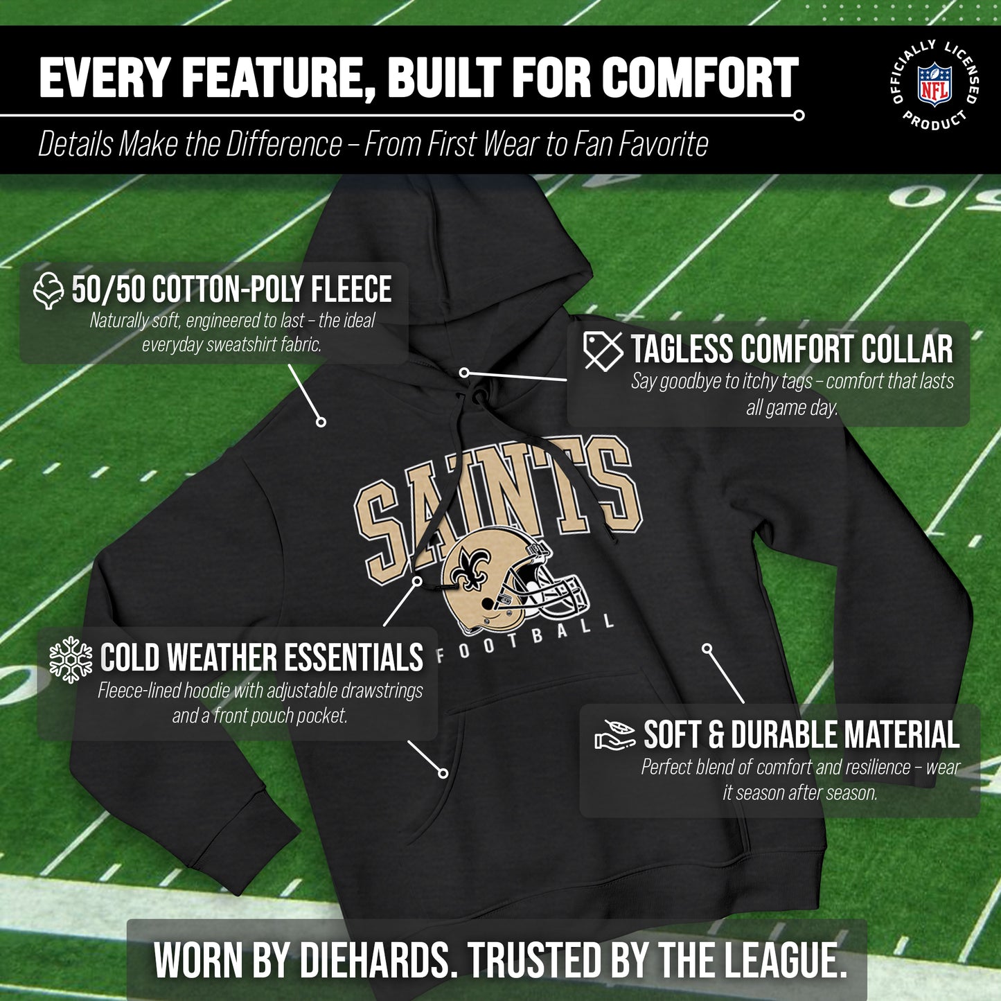 New Orleans Saints NFL Adult Unisex All Star Soft Fleece Hooded Sweatshirt - Black Heather