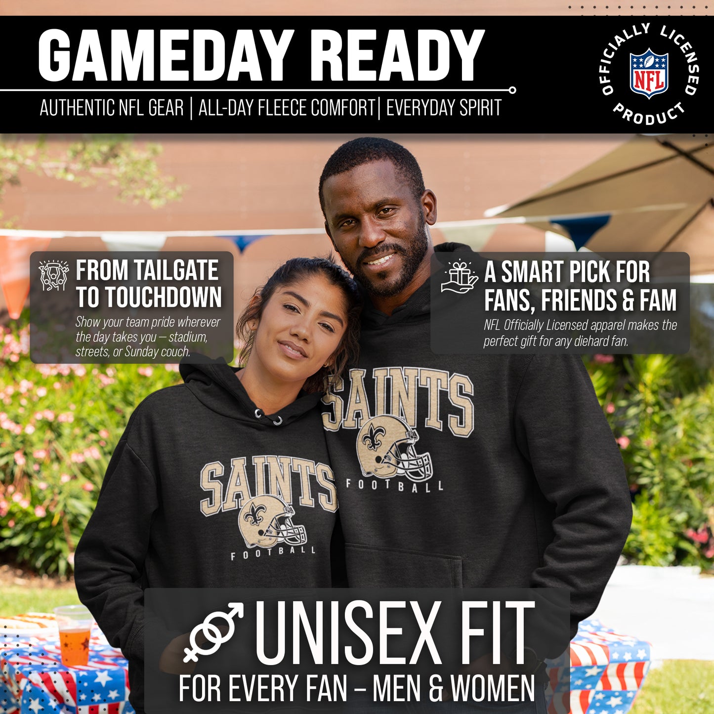 New Orleans Saints NFL Adult Unisex All Star Soft Fleece Hooded Sweatshirt - Black Heather