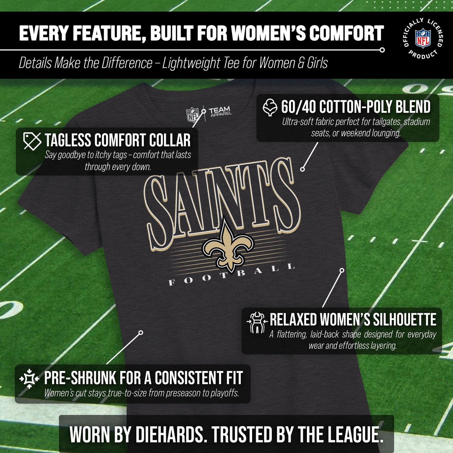 New Orleans Saints NFL Womens Overtime Blueprint Tag-Less T-Shirt - Black
