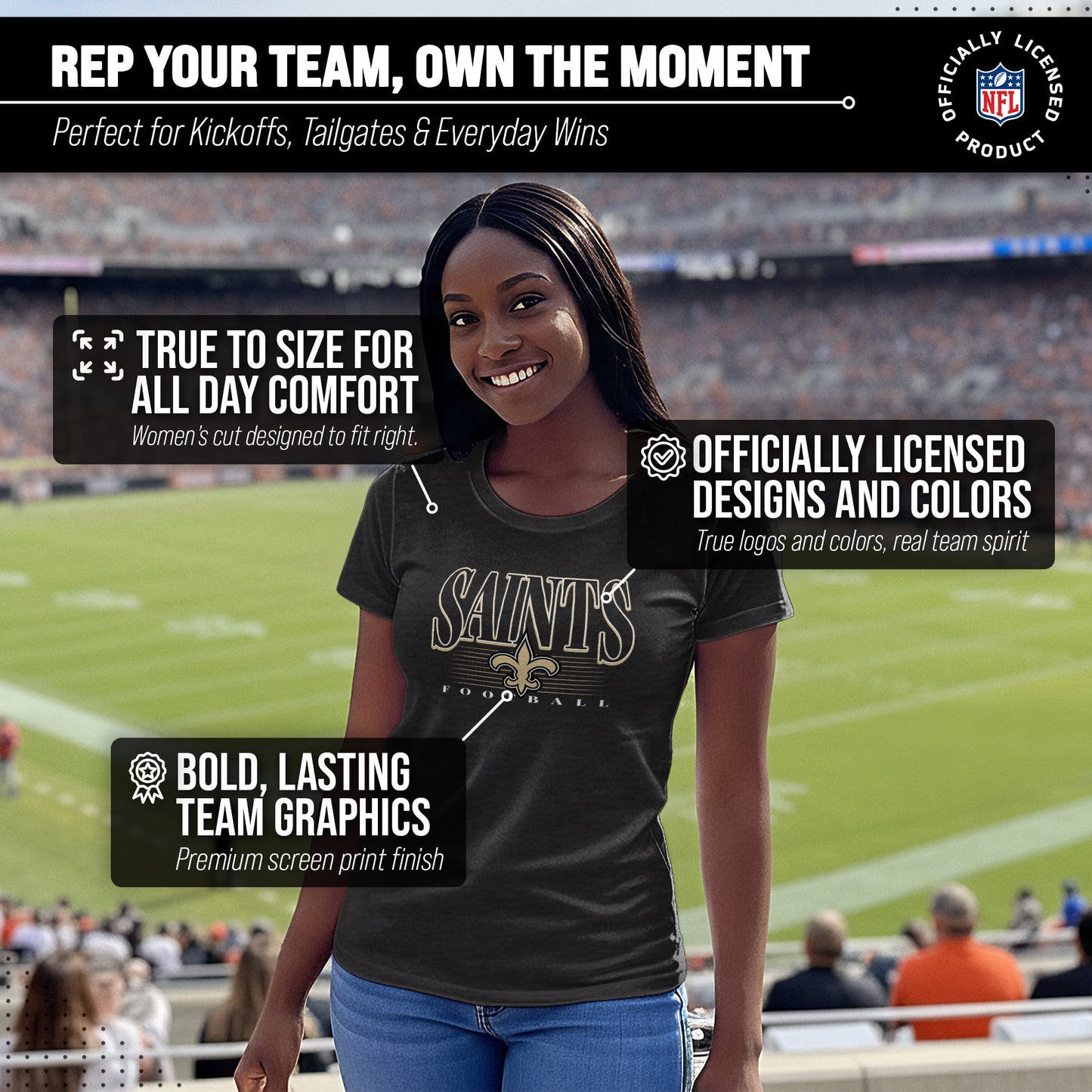 New Orleans Saints NFL Womens Overtime Blueprint Tag-Less T-Shirt - Black