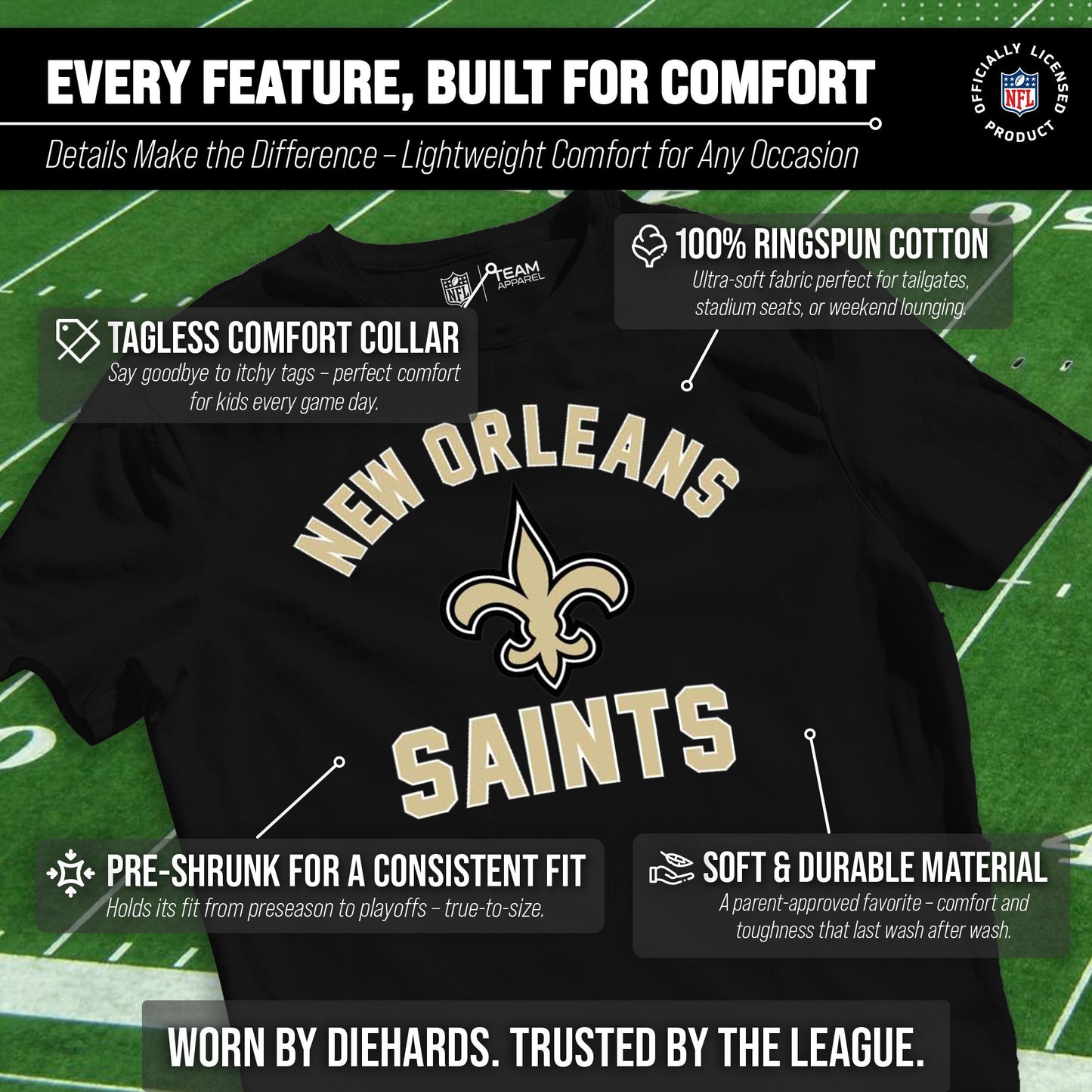 New Orleans Saints NFL Youth Gameday Football T-Shirt - Black