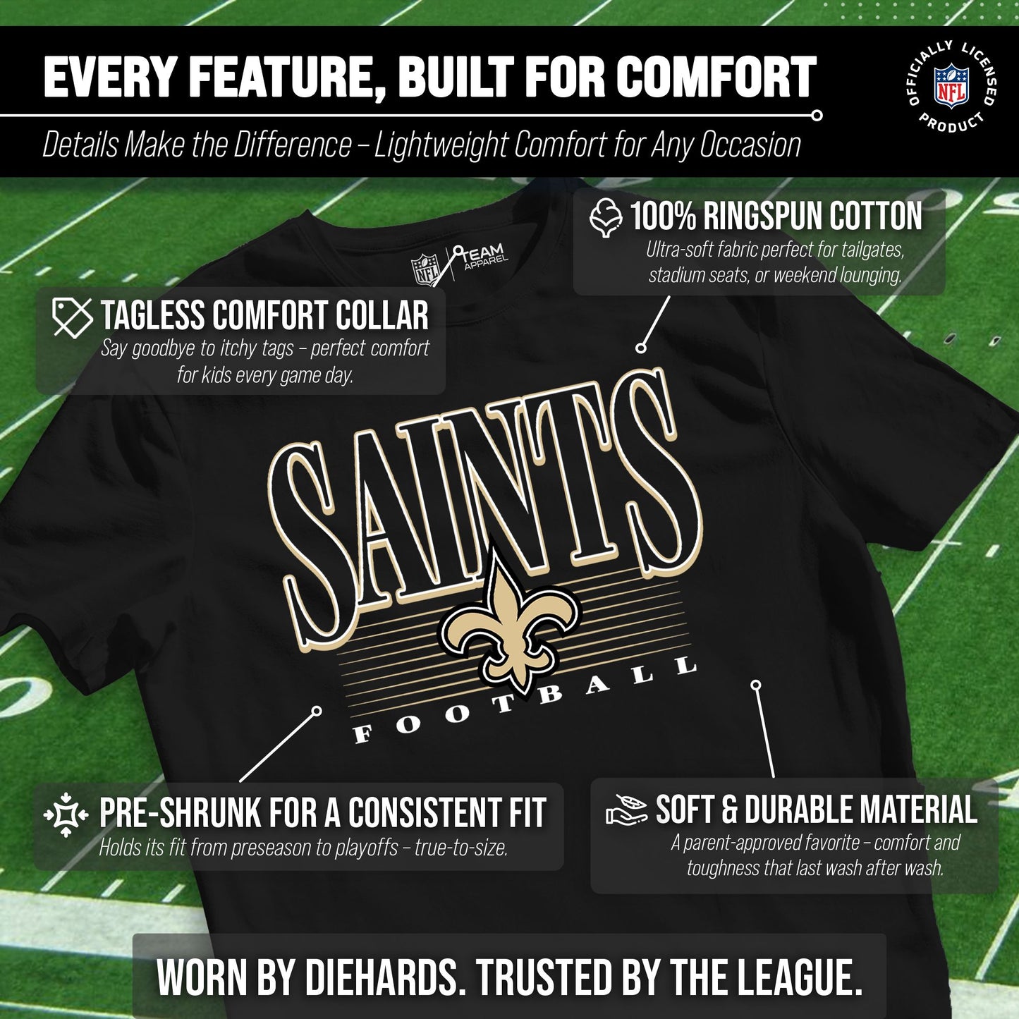 New Orleans Saints NFL Youth Overtime Blueprint Football T-Shirt Unisex Tag Free Comfortable - Black