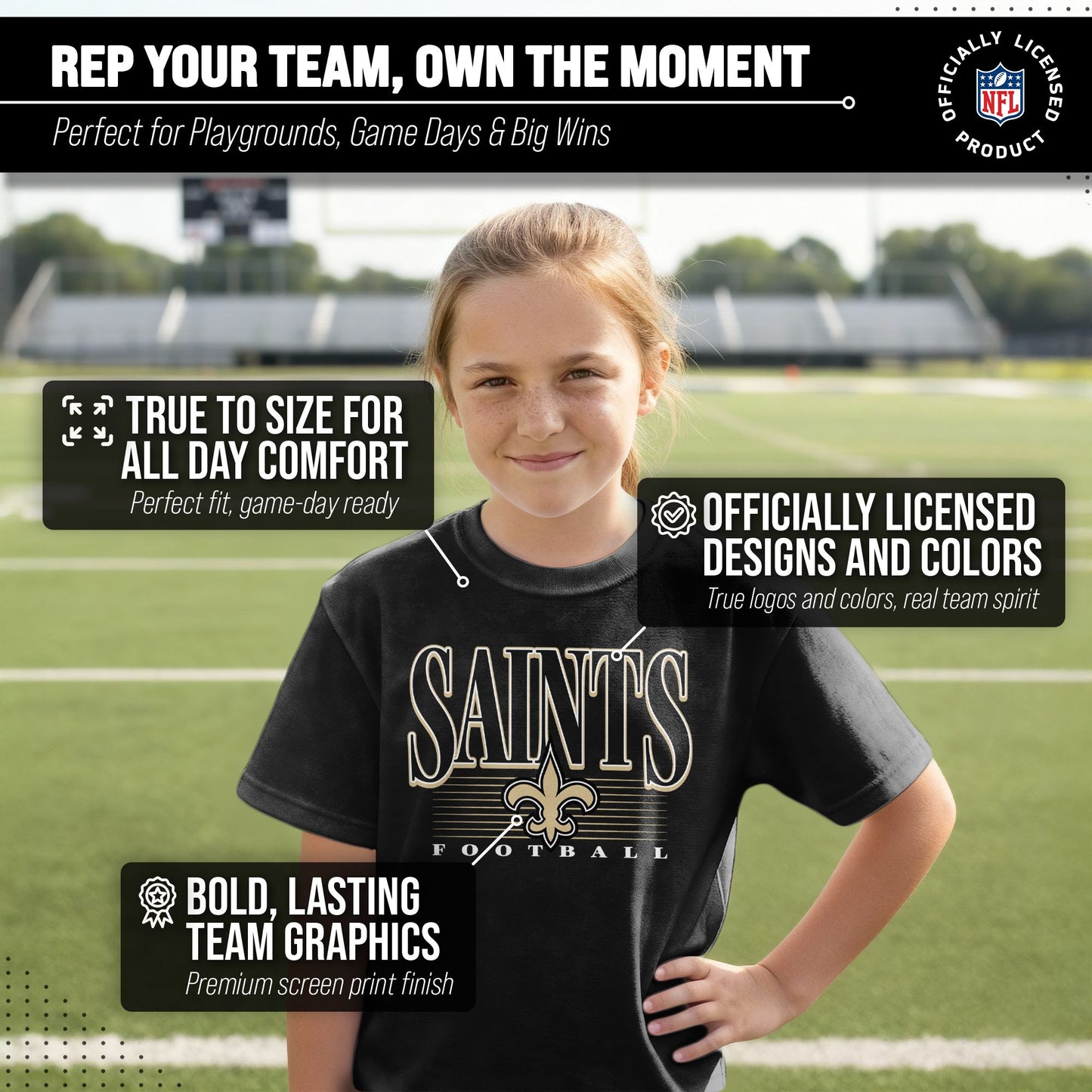New Orleans Saints NFL Youth Overtime Blueprint Football T-Shirt Unisex Tag Free Comfortable - Black