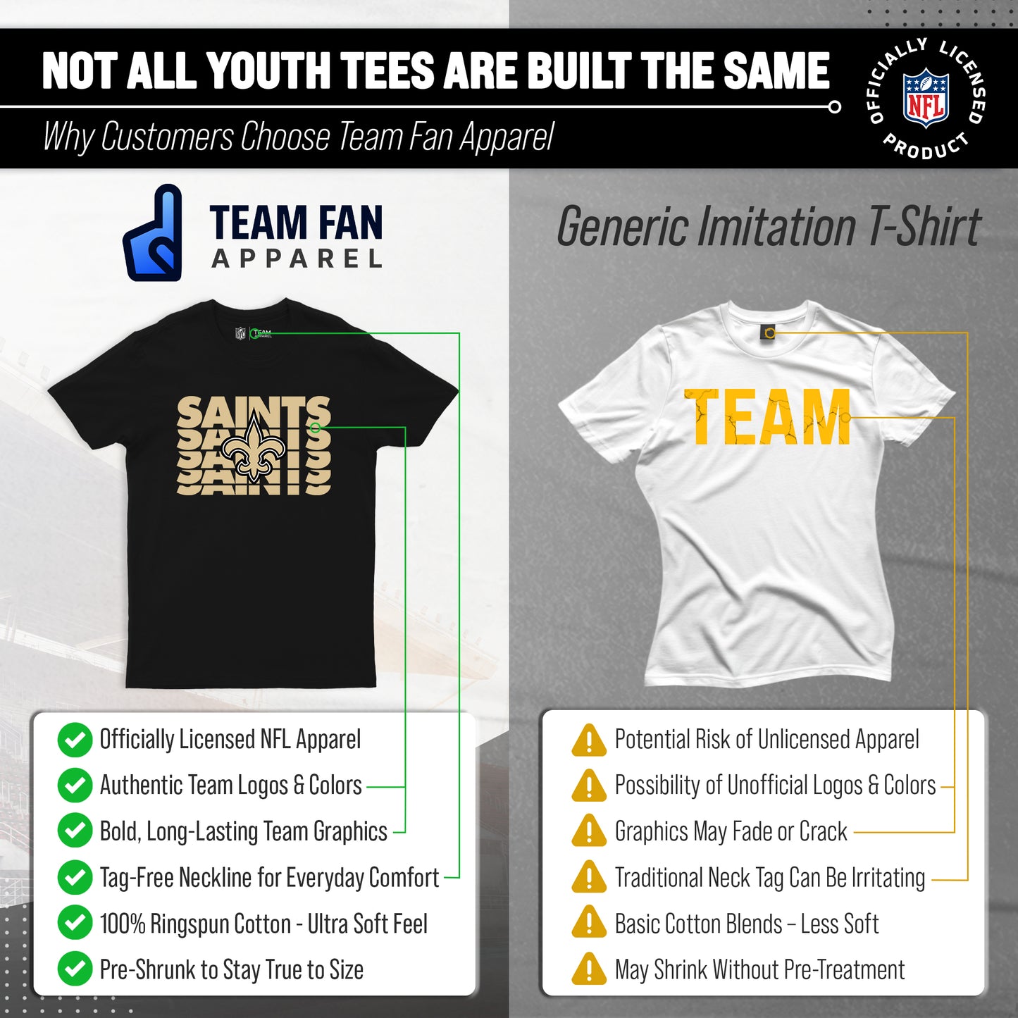 New Orleans Saints NFL Youth Repeating Logo Football T-Shirt Unisex Tag Free Comfortable - Black