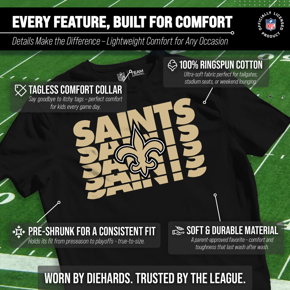 New Orleans Saints NFL Youth Repeating Logo Football T-Shirt - Black