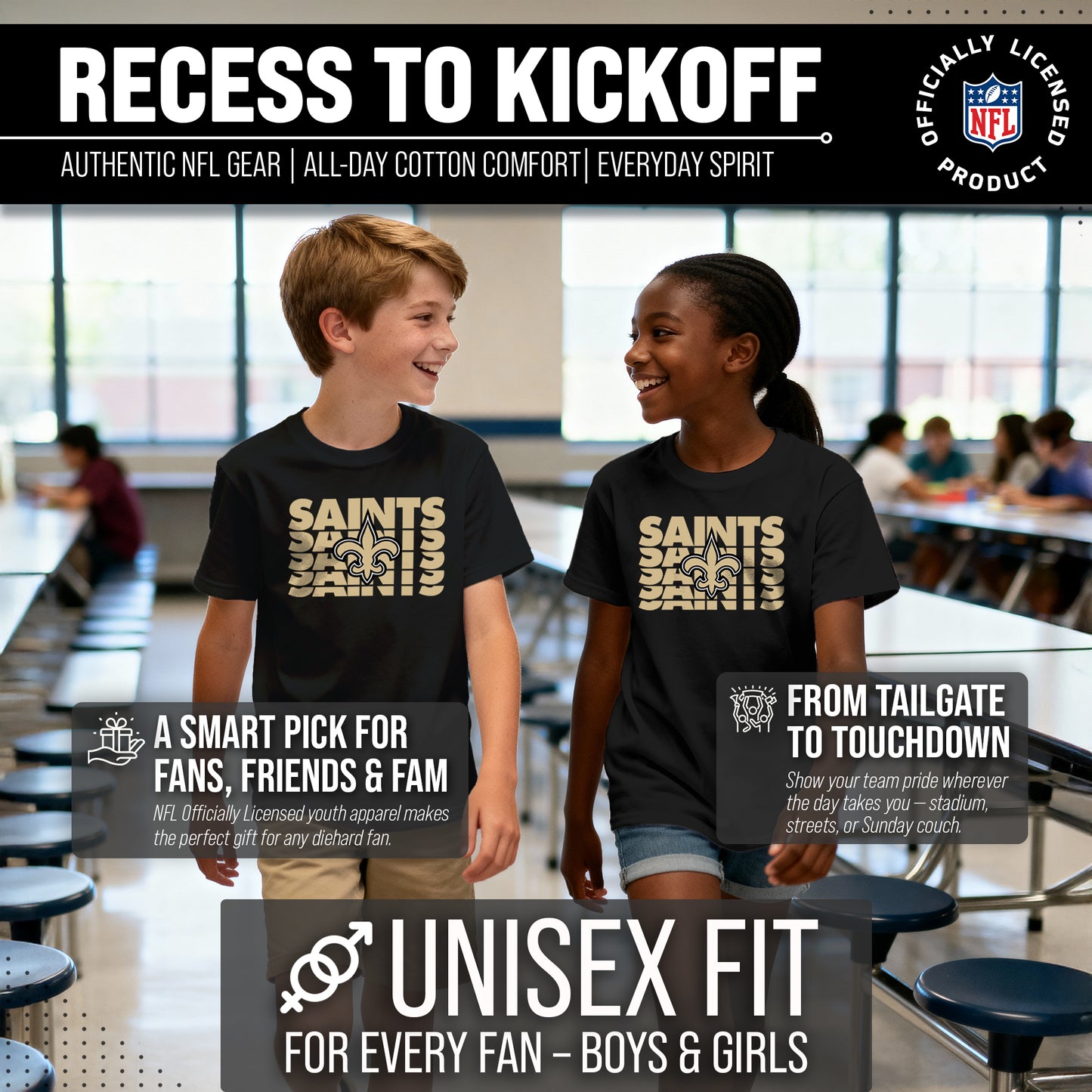 New Orleans Saints NFL Youth Repeating Logo Football T-Shirt Unisex Tag Free Comfortable - Black