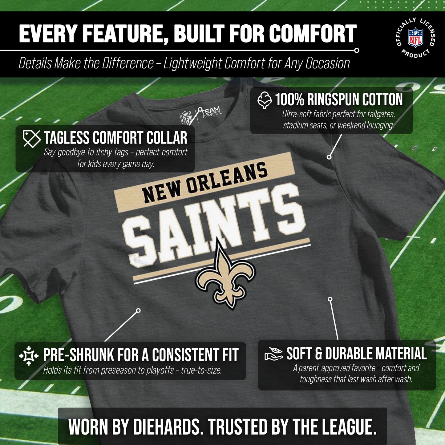 New Orleans Saints NFL Youth Short Sleeve Charcoal T Shirt - Charcoal