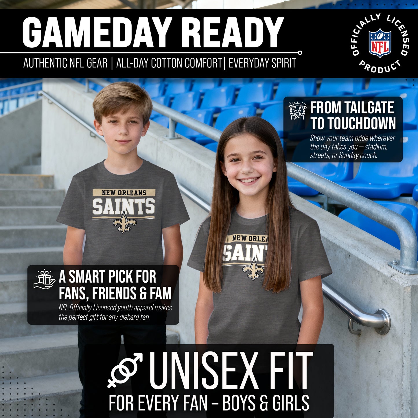 New Orleans Saints NFL Youth Short Sleeve Charcoal T Shirt - Charcoal