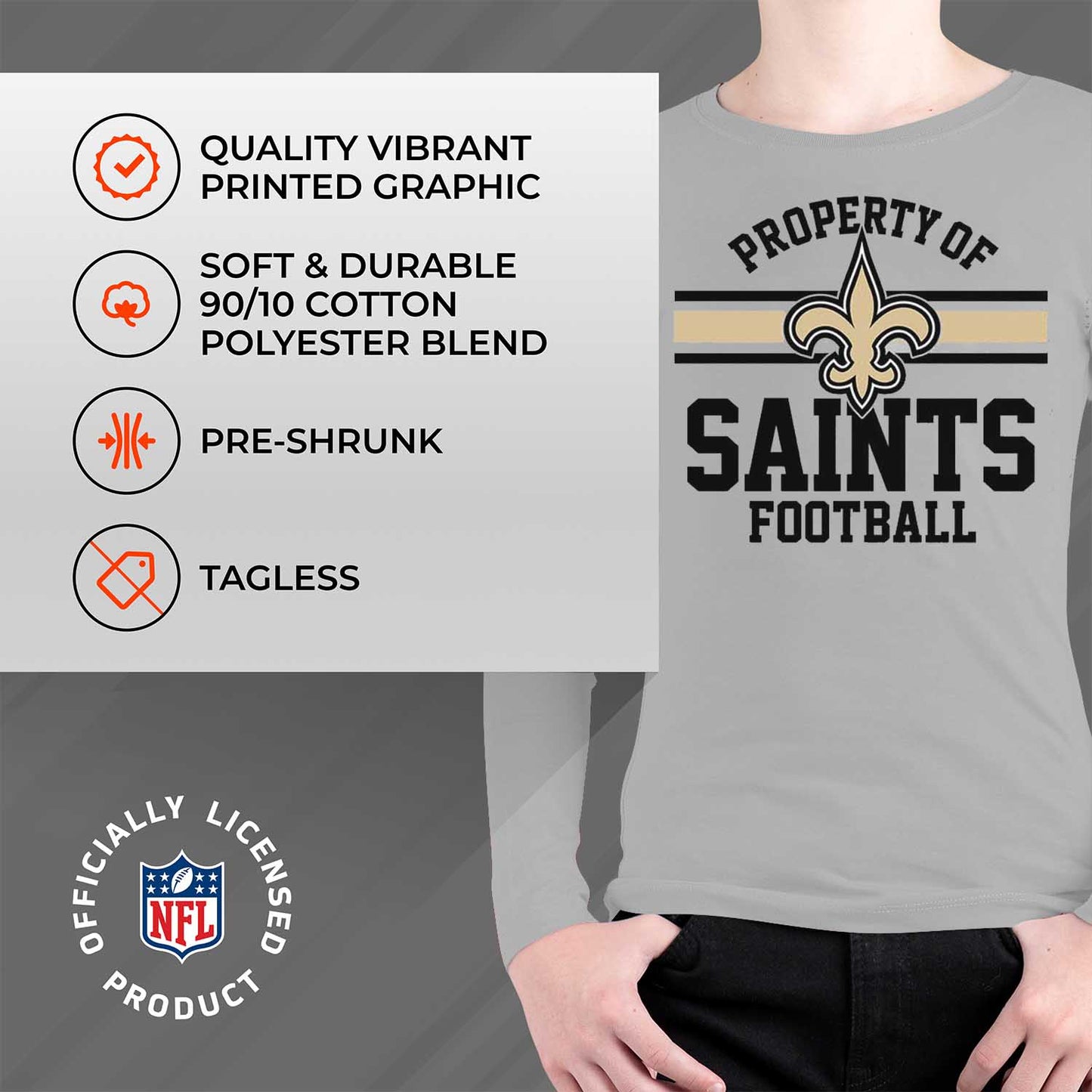 New Orleans Saints NFL Youth Property Of Crew Sweatshirt - Sport Gray