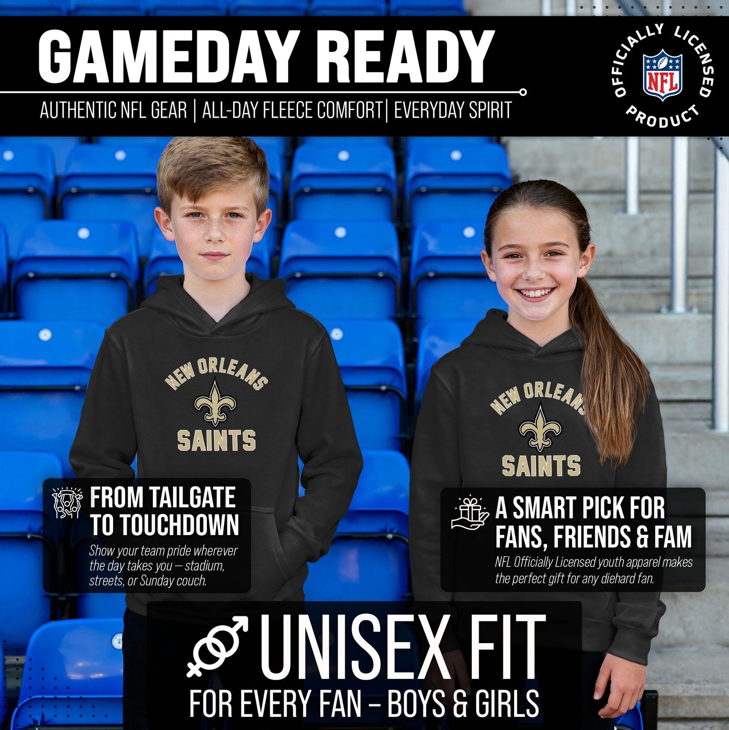 New Orleans Saints NFL Youth Gameday Hooded Sweatshirt - Black