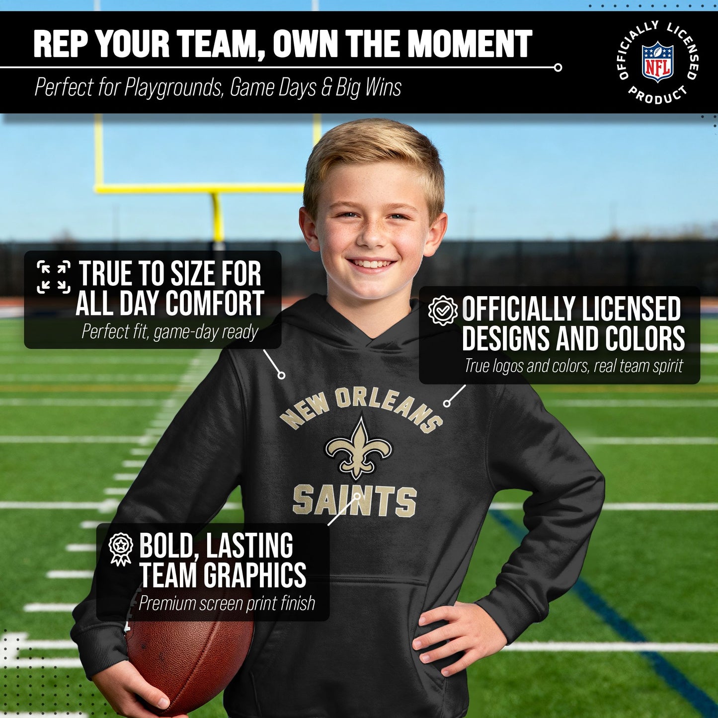 New Orleans Saints NFL Youth Gameday Hooded Sweatshirt - Black