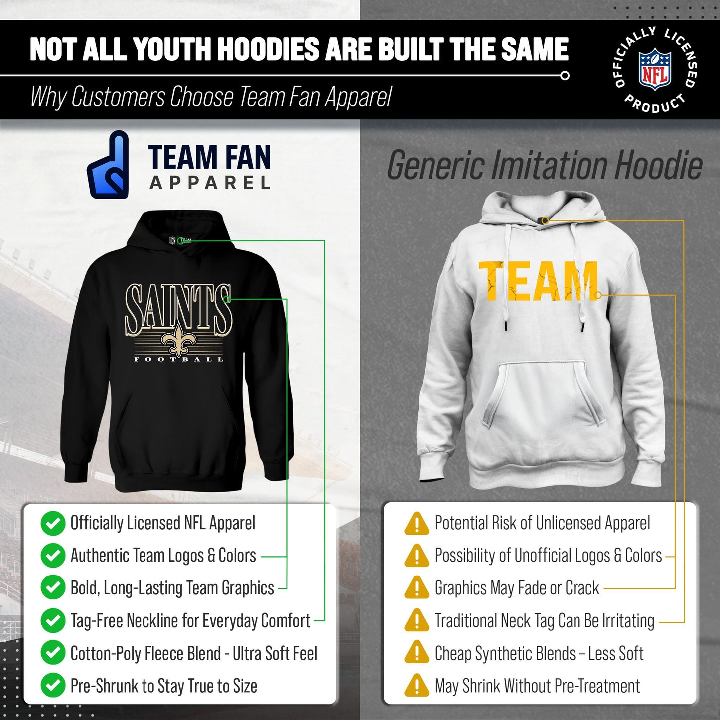 New Orleans Saints NFL Youth Overtime Blueprint Football Fleece Hooded Sweatshirt - Black