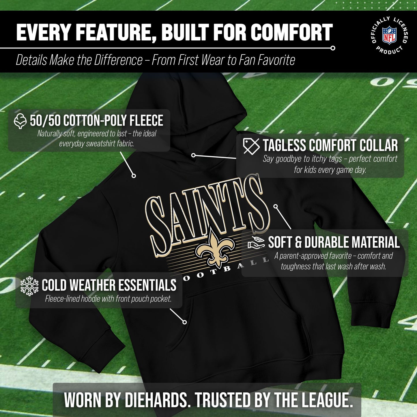 New Orleans Saints NFL Youth Overtime Blueprint Football Fleece Hooded Sweatshirt - Black