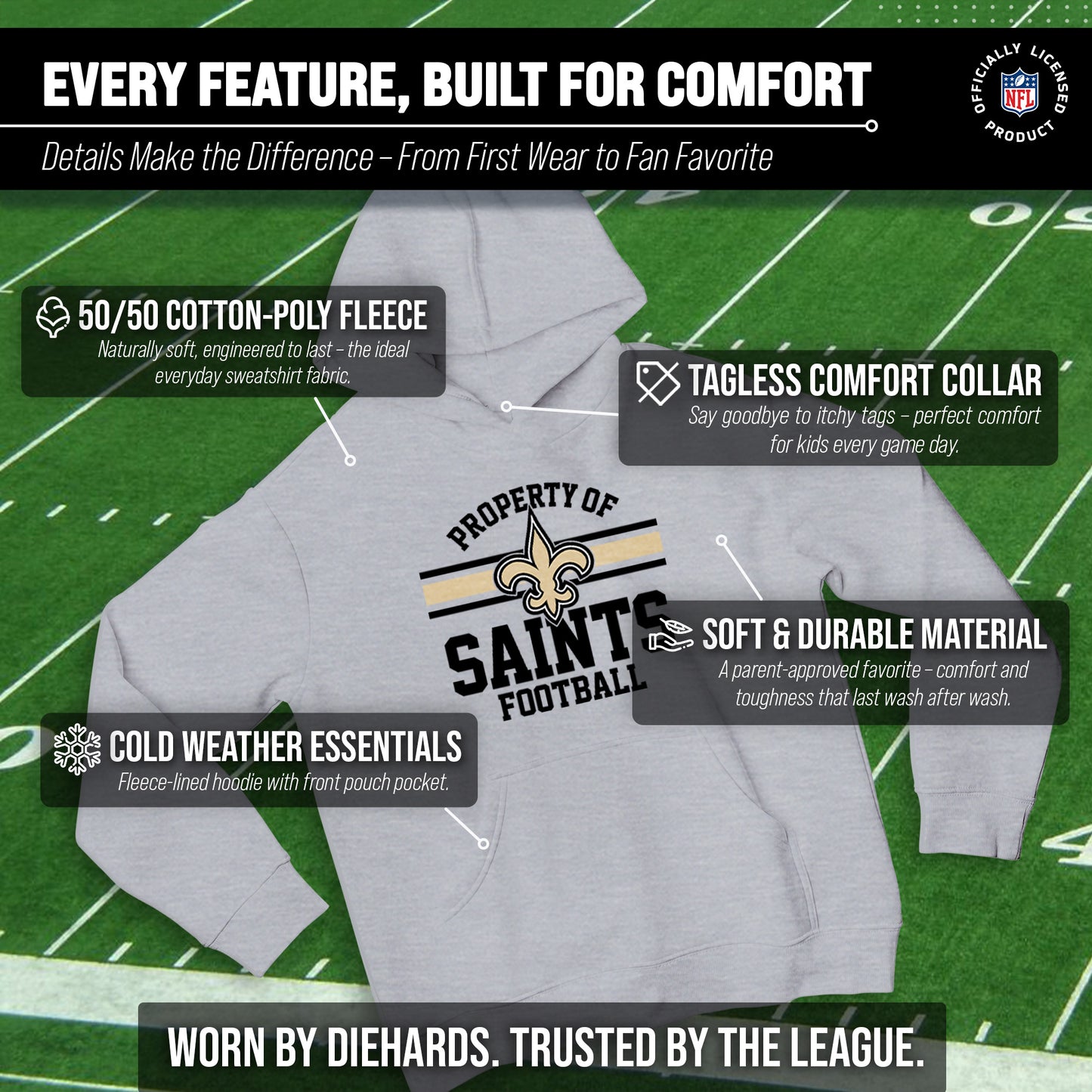New Orleans Saints NFL Youth Property Of Hooded Sweatshirt - Sport Gray