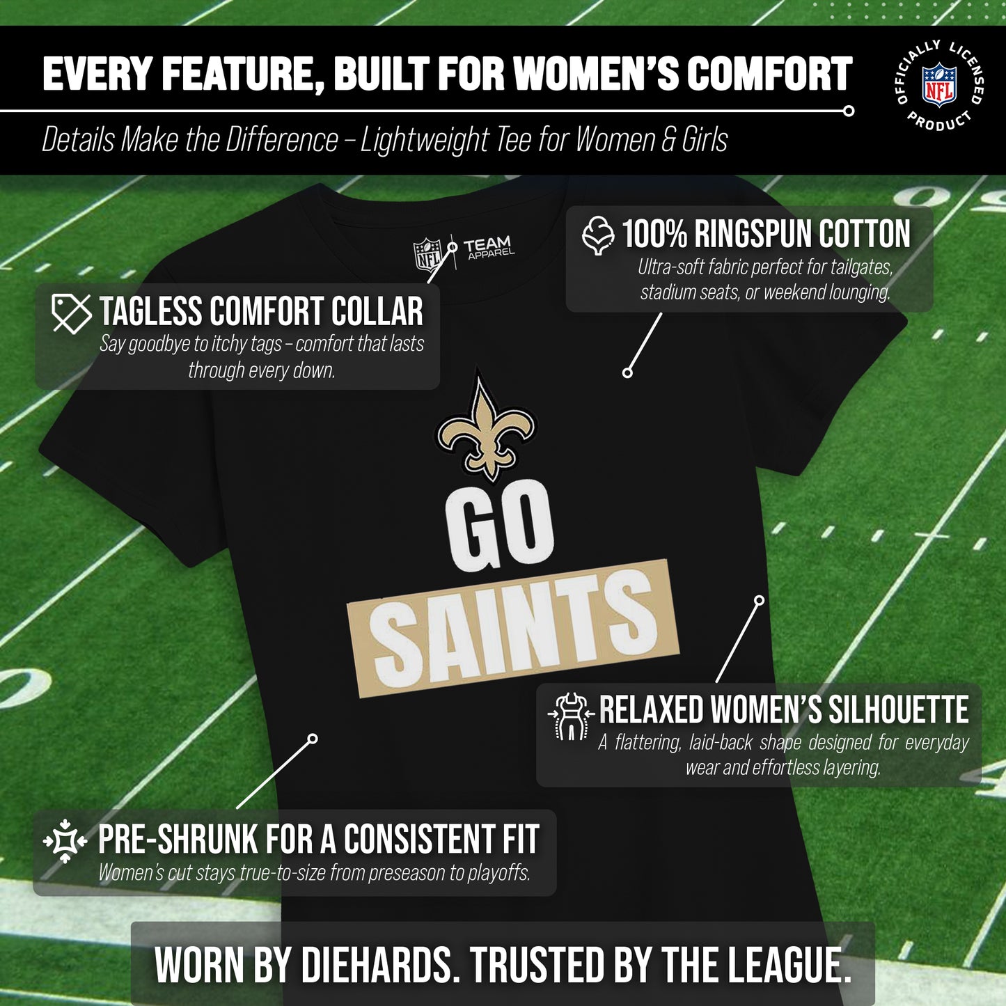 New Orleans Saints NFL Womens Team Slogan Short Sleeve Tshirt - Black