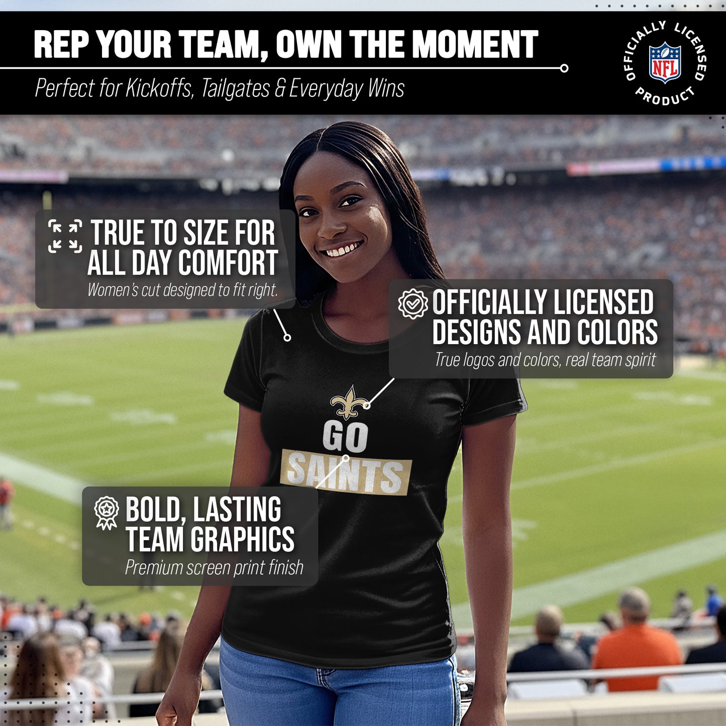 New Orleans Saints NFL Womens Team Slogan Short Sleeve Tshirt - Black