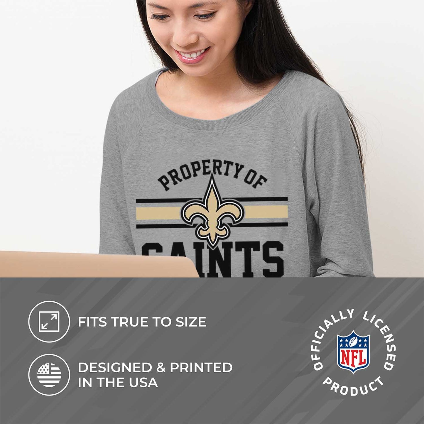 New Orleans Saints NFL Womens Plus Size Property of Lightweight Crew Neck - Sport Gray