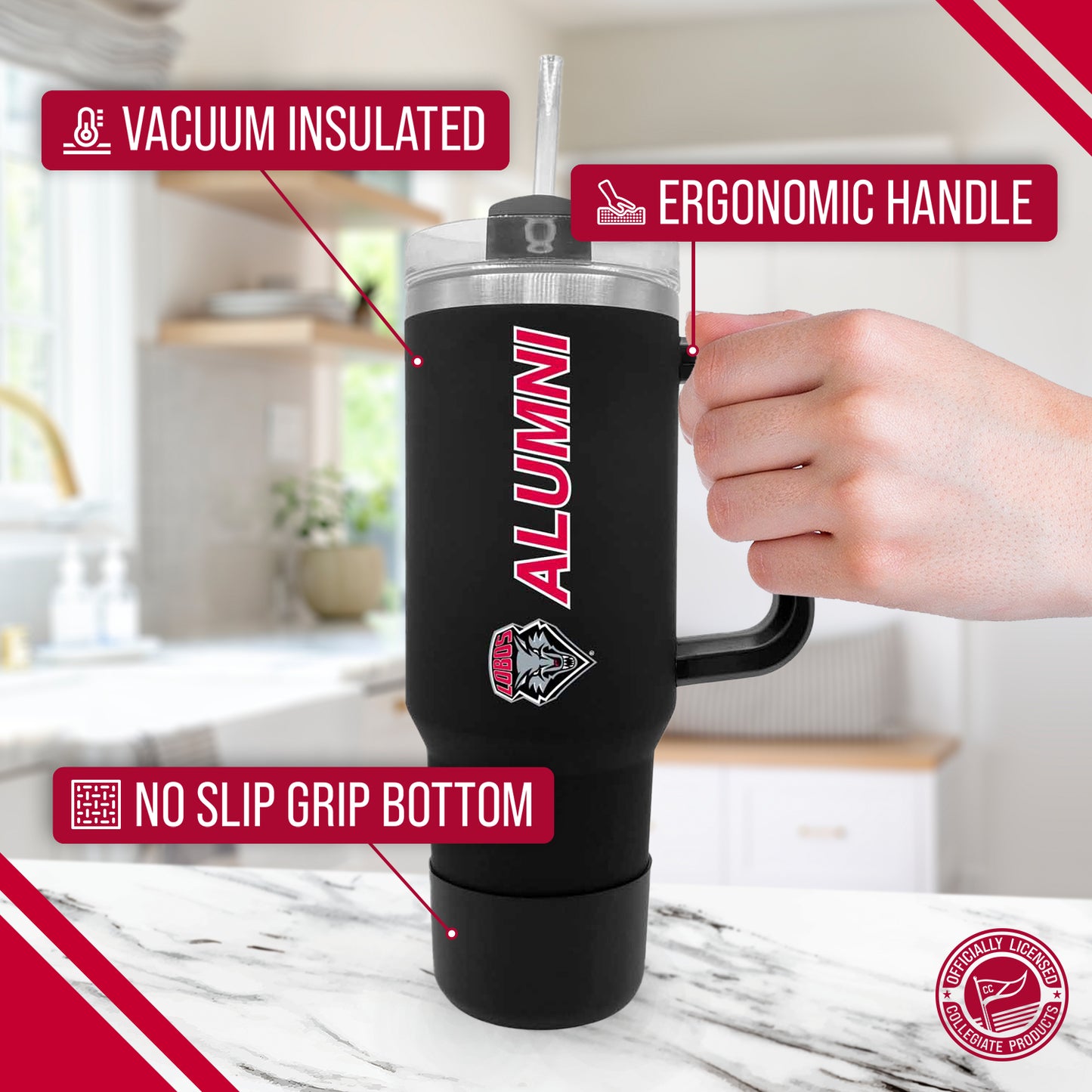 New Mexico Lobos Collegiate 40oz Stainless Steel Travel Tumbler with Handle for Alumni - Black