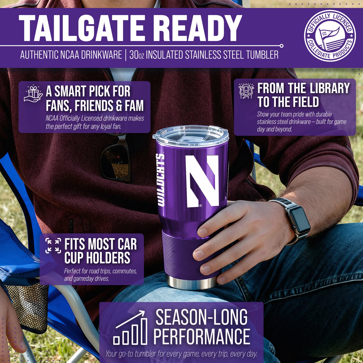 Northwestern Wildcats NCAA University 30oz Stainless Steel Vacuum Insulated Game Day Tumbler with Silicone Grip - Purple