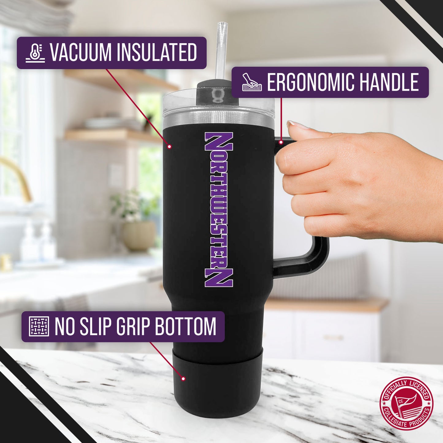 Northwestern Wildcats College & University 40 oz Travel Tumbler With Handle - Black