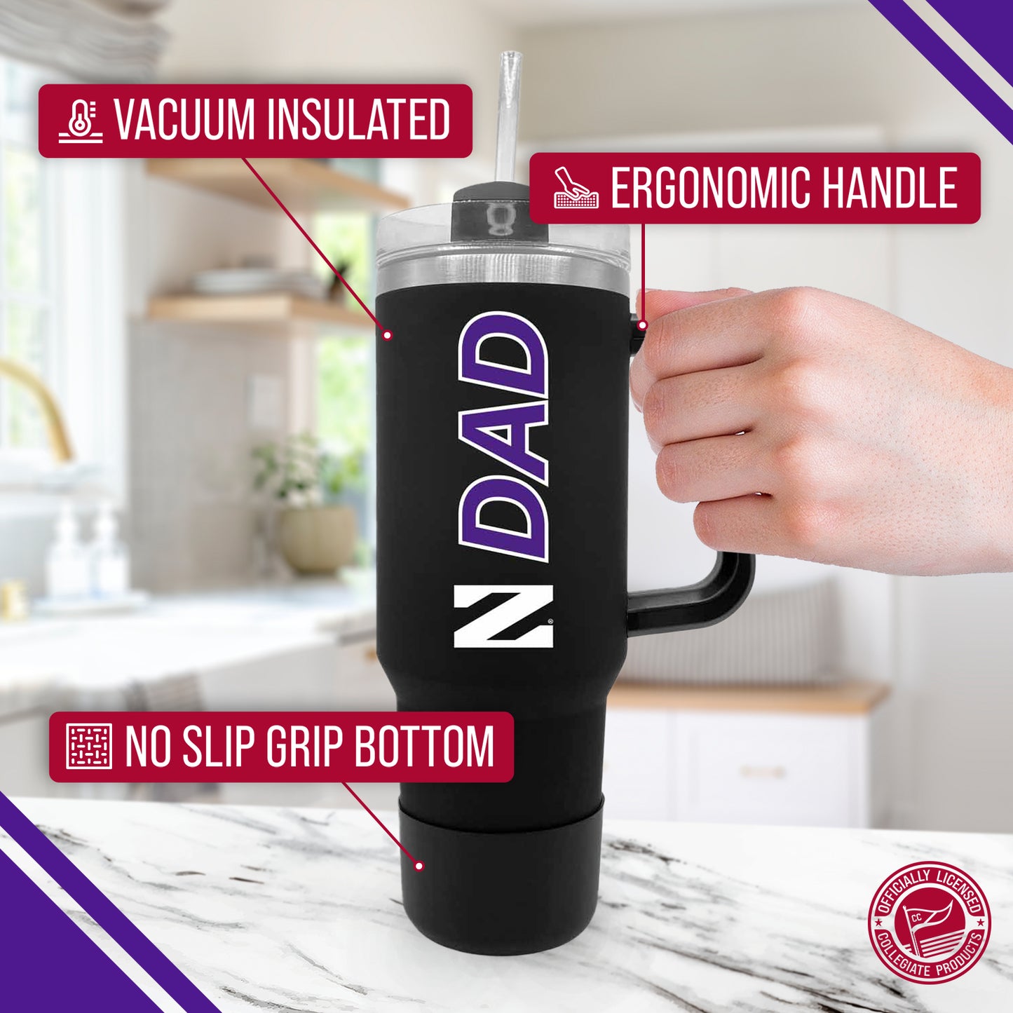 Northwestern Wildcats Collegiate 40oz Stainless Steel Travel Tumbler with Handle for Dad - Black