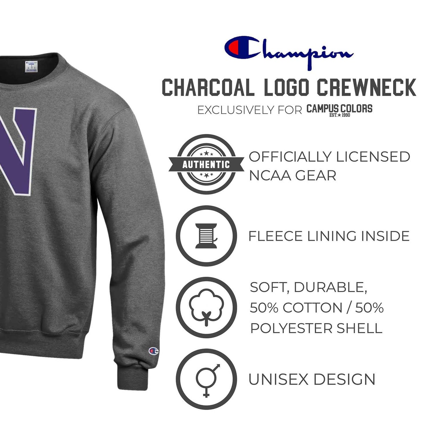 Northwestern Wildcats Adult Mascot Fleece Crewneck - Charcoal