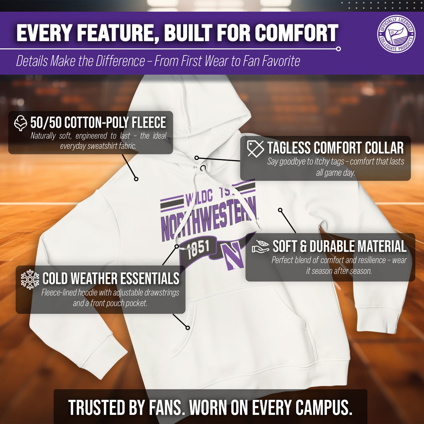 Northwestern Wildcats NCAA Adult Unisex Varsity Club Pennant Hooded Fleece Sweatshirt - Off White
