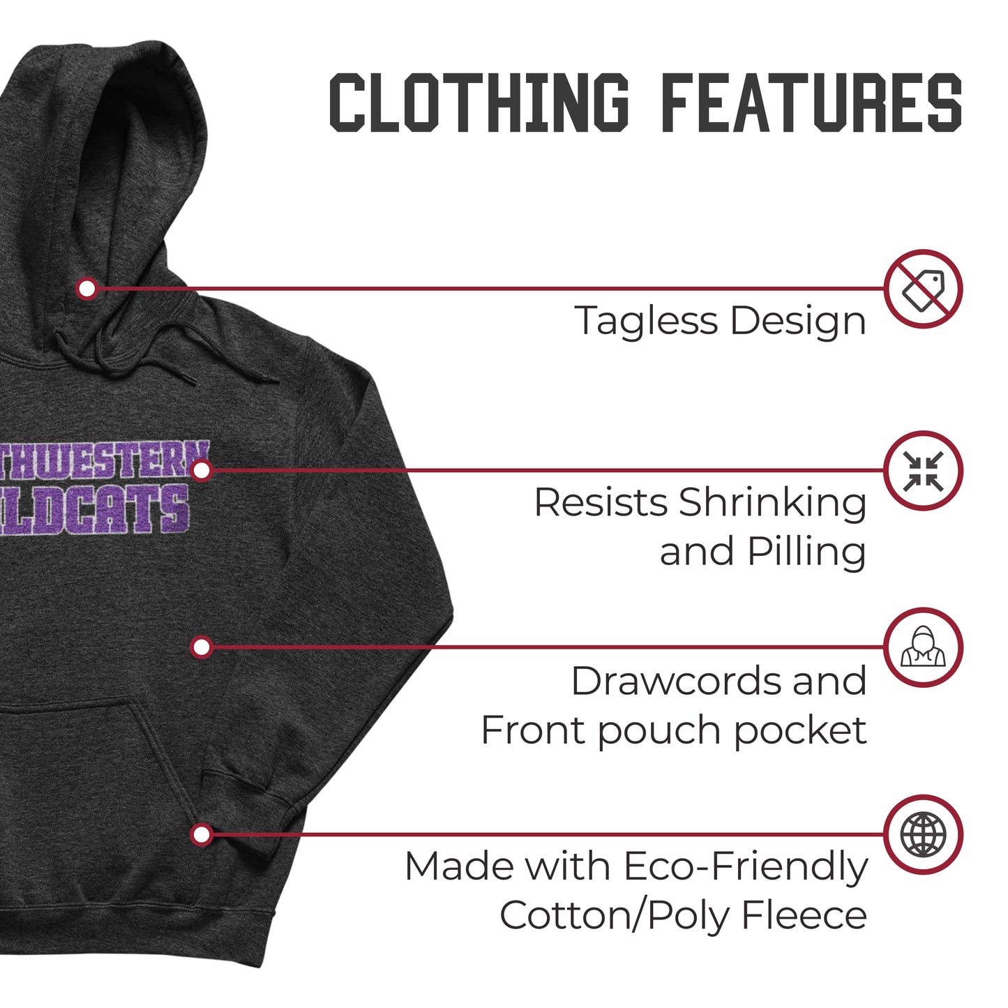 Northwestern Wildcats NCAA Adult Cotton Blend Charcoal Hooded Sweatshirt - Charcoal