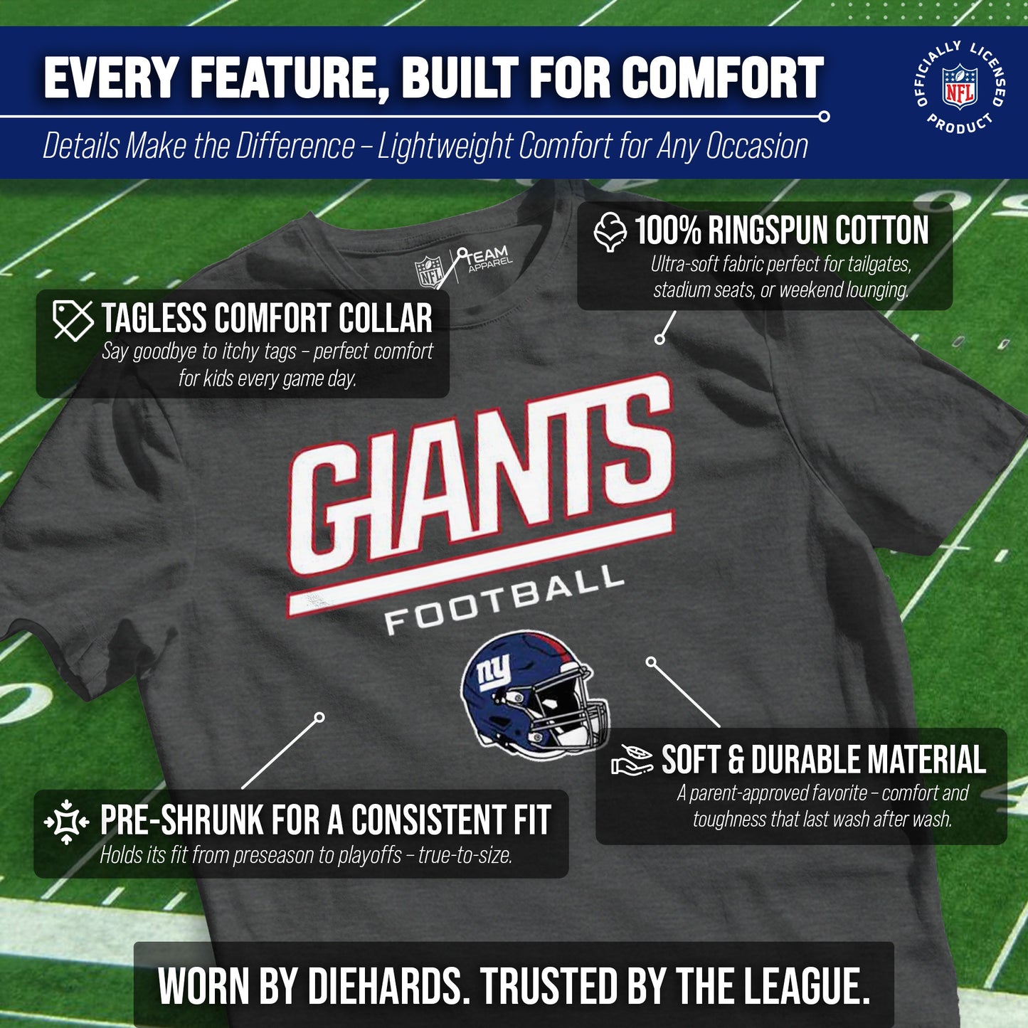 New York Giants NFL Youth Football Helmet Tagless T-Shirt - Charcoal