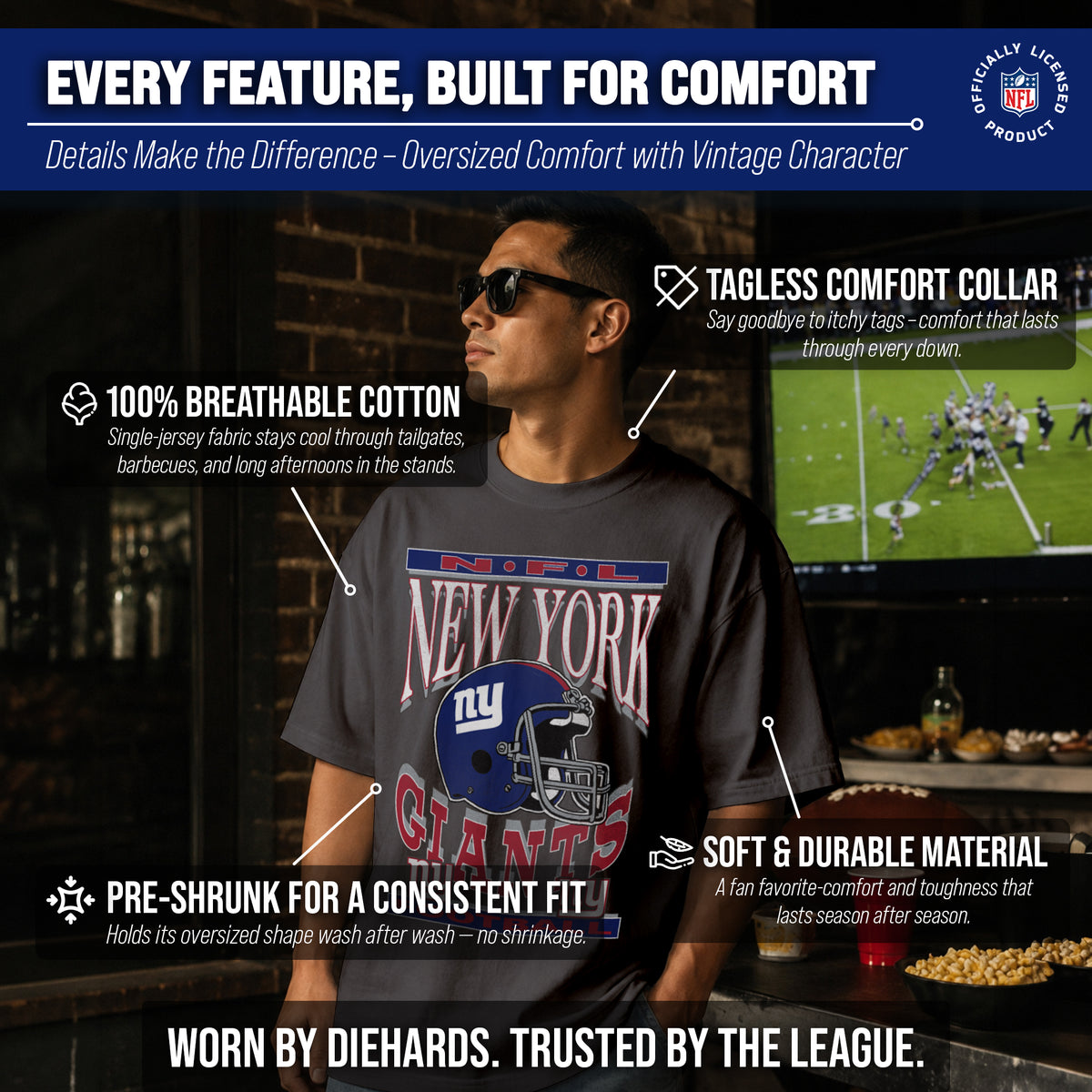 New York Giants  NFL Franchise Oversized Cotton Tee Men Fan Short Sleeve - Black