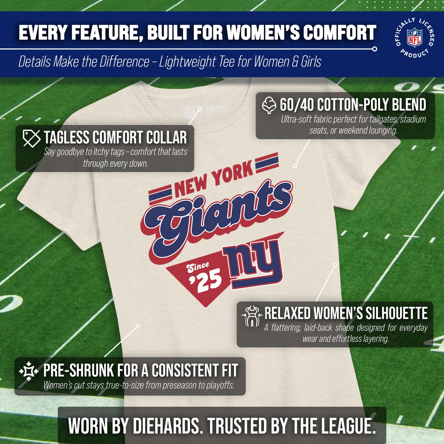 New York Giants NFL Womens Vintage Charm Tag-Less Soft T-Shirt - Birch