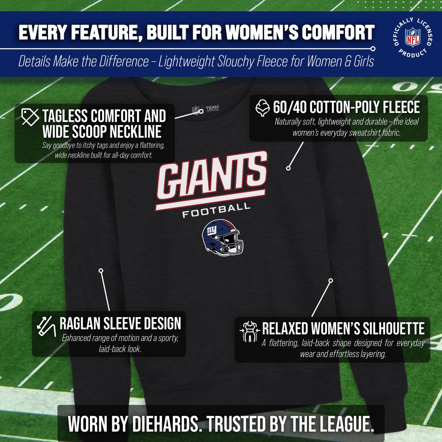 New York Giants NFL Womens Helmet French Terry Slouchy Top - Charcoal