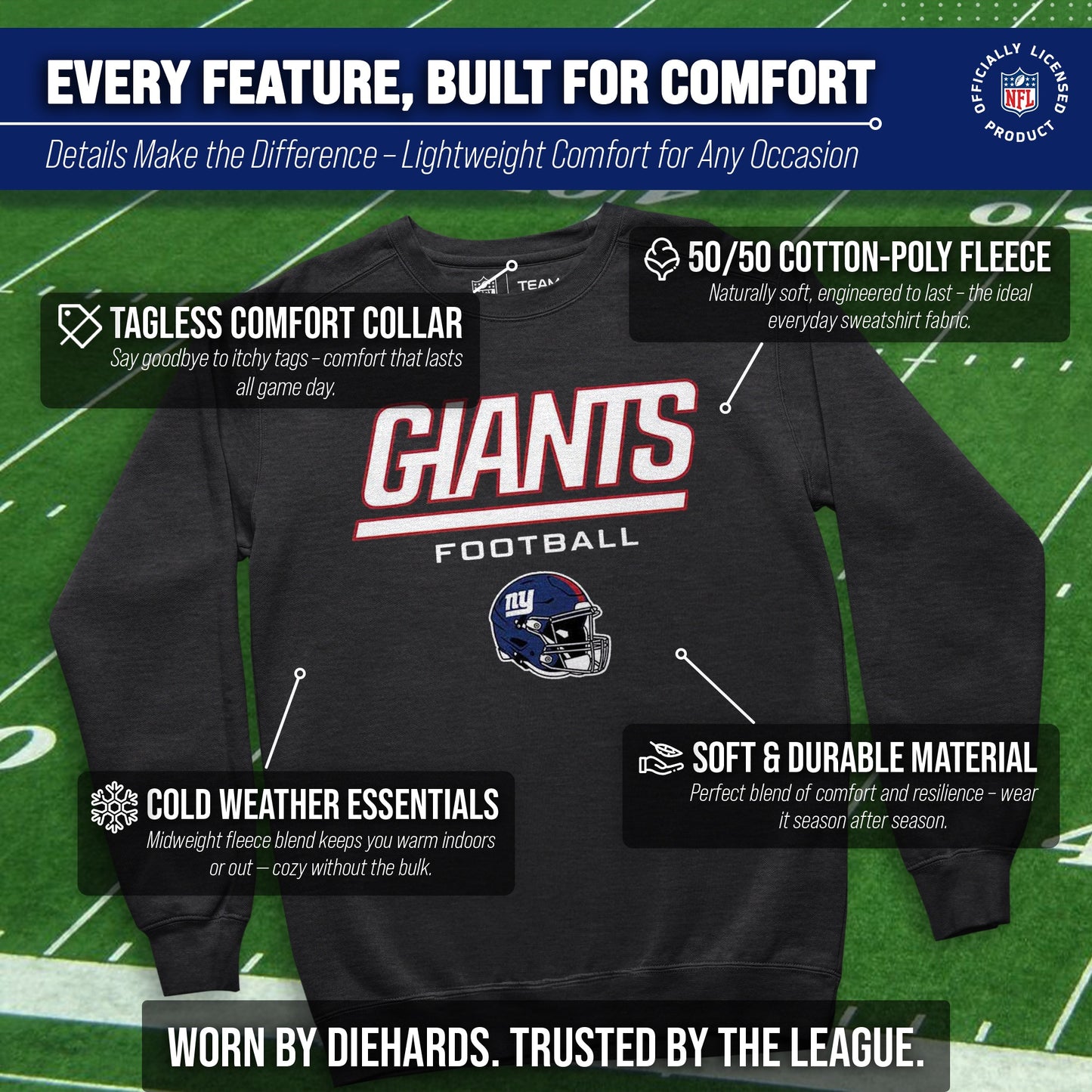 New York Giants Adult NFL Football Helmet Heather Crewneck Sweatshirt - Charcoal