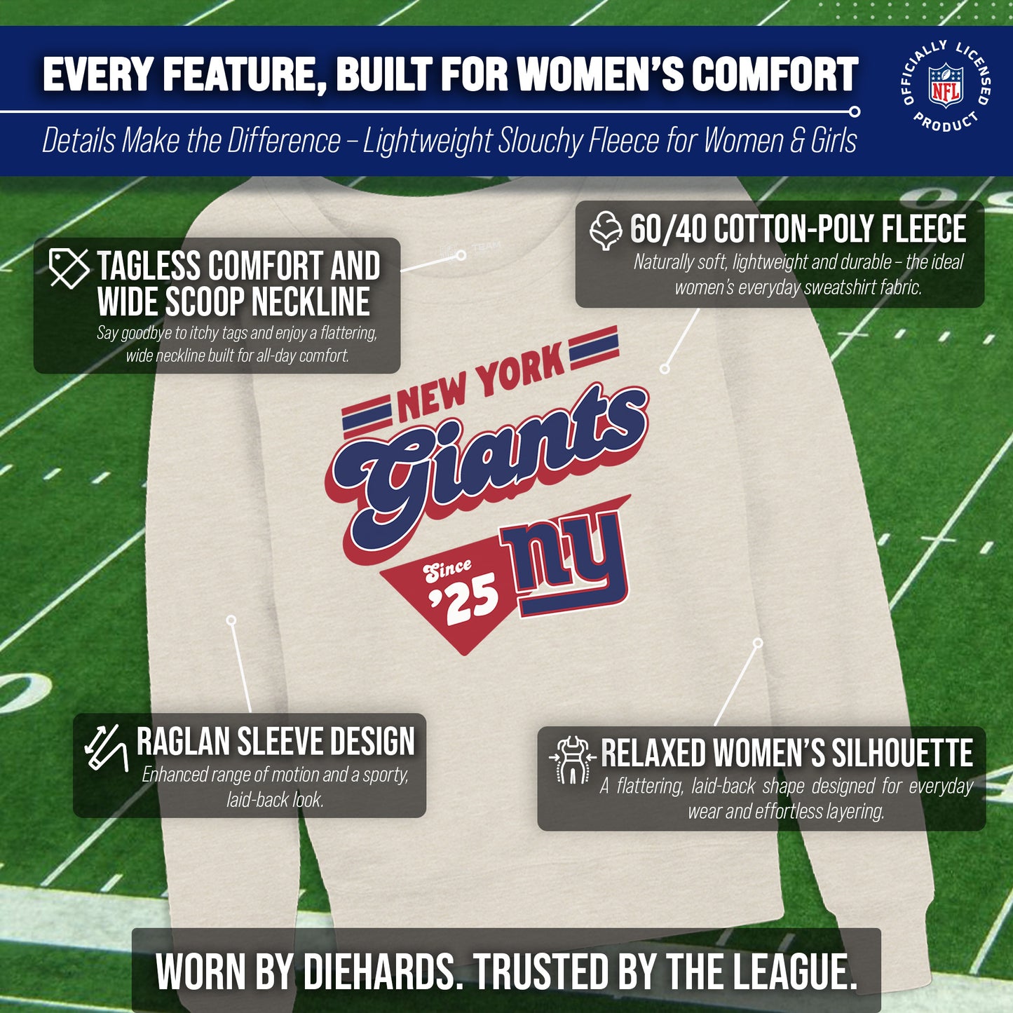New York Giants NFL Womens Vintage Charm French Terry Slouchy Top - Birch
